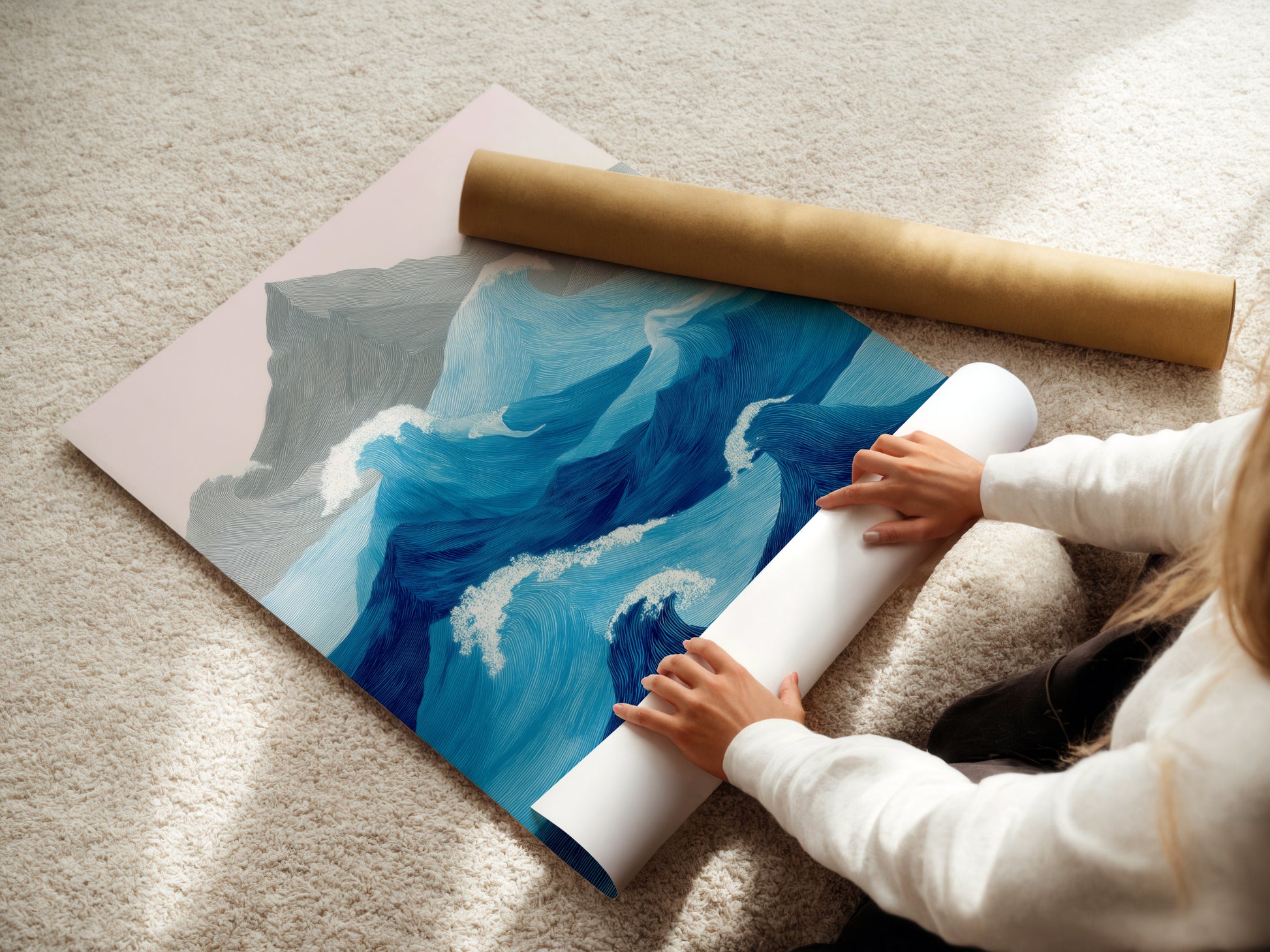 A woman is carefully rolling a fine art poster paper. The poster paper is of high quality. It ensures the artwork looks its best. The woman is handling the paper with care. It shows the attention to detail in the production process. This is a beautiful piece of art in the making. It will be a stunning addition to any wall