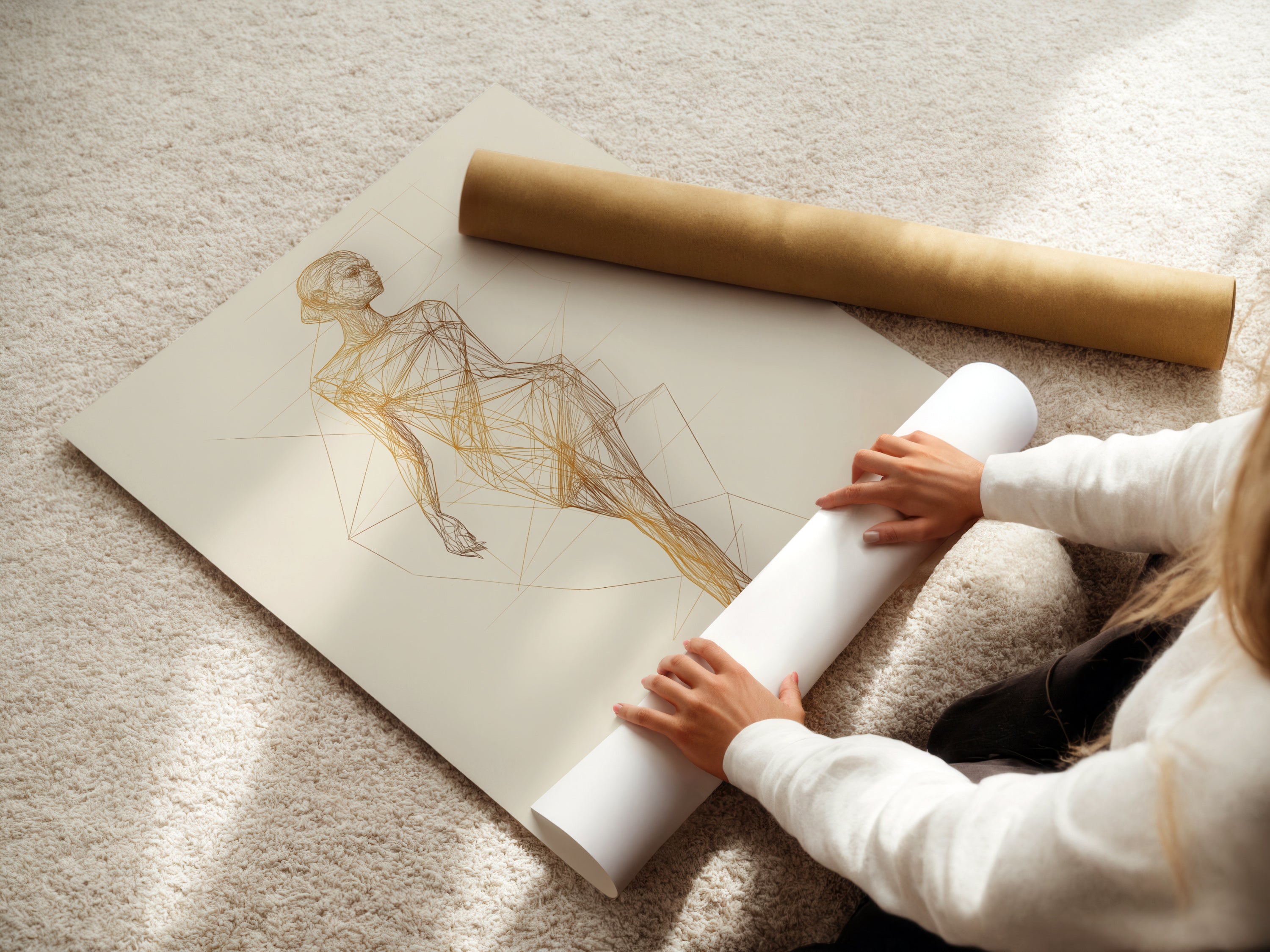 A woman is carefully rolling a fine art poster paper of a Ballet Dancer Art Print. This shows the care and quality of our product. The poster features a figure drawing in a minimalist style. Ideal for contemporary and neutral wall art.