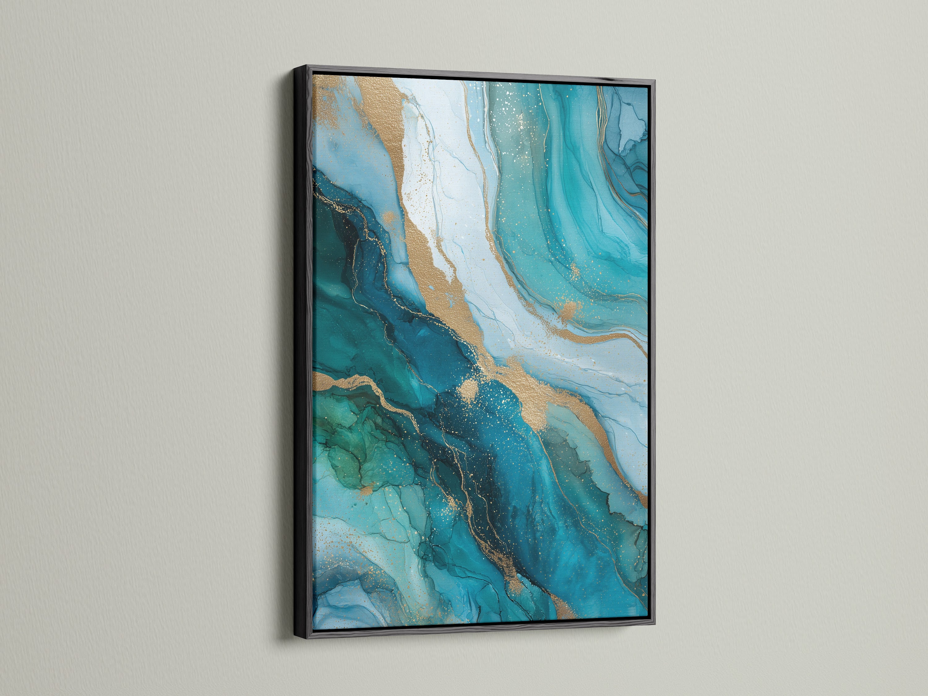 See the abstract ocean artwork with flowing teal and gold in a black frame. The black frame provides a bold contrast. This modern wall decor complements spa wall art. Business owners will love this for studios lobbies clinics and boutiques.
