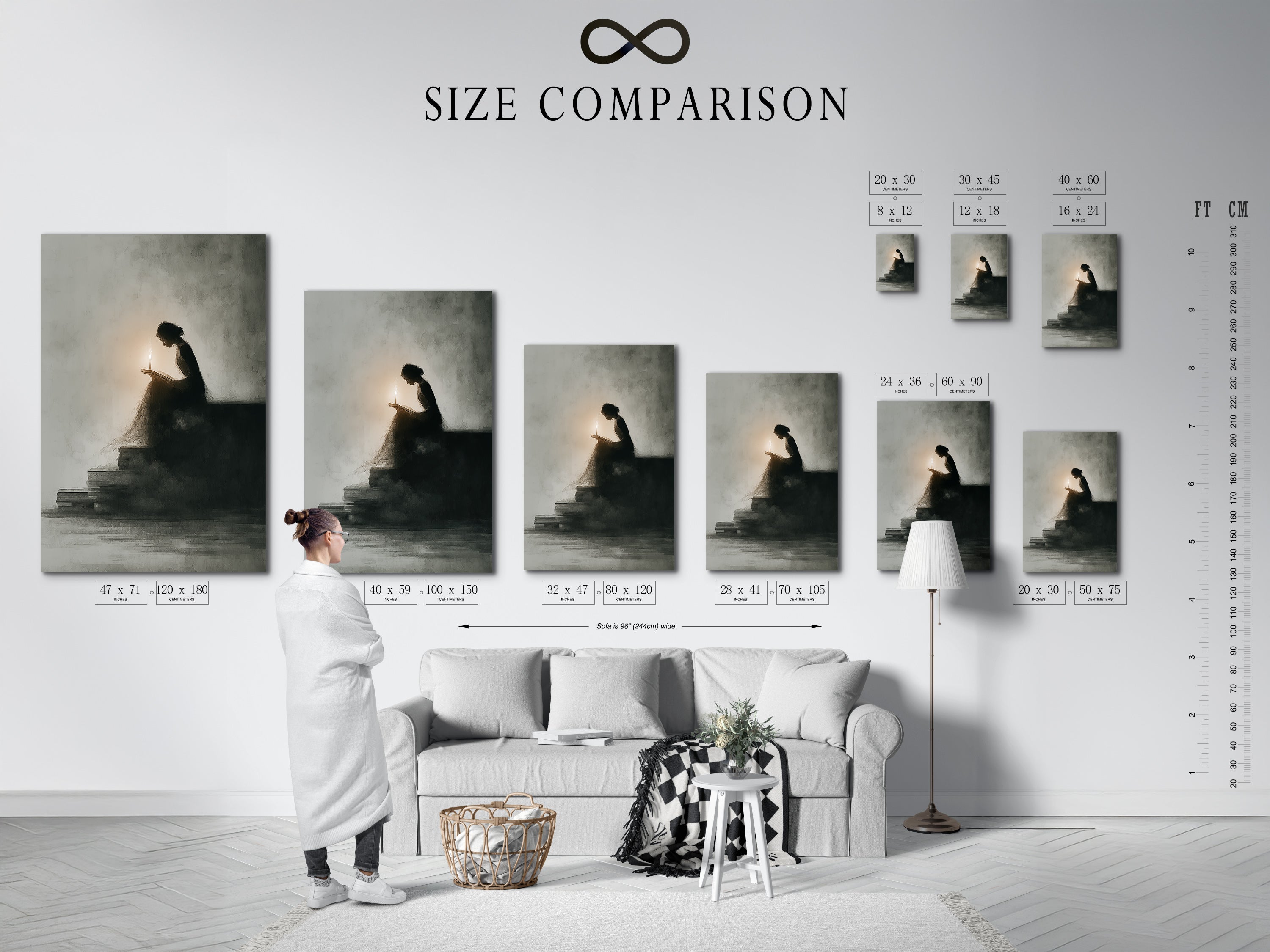 Size comparison chart in an interior setting. See how different sizes of artwork look in a room. This chart helps you choose the perfect size. Find the ideal fit for your space.