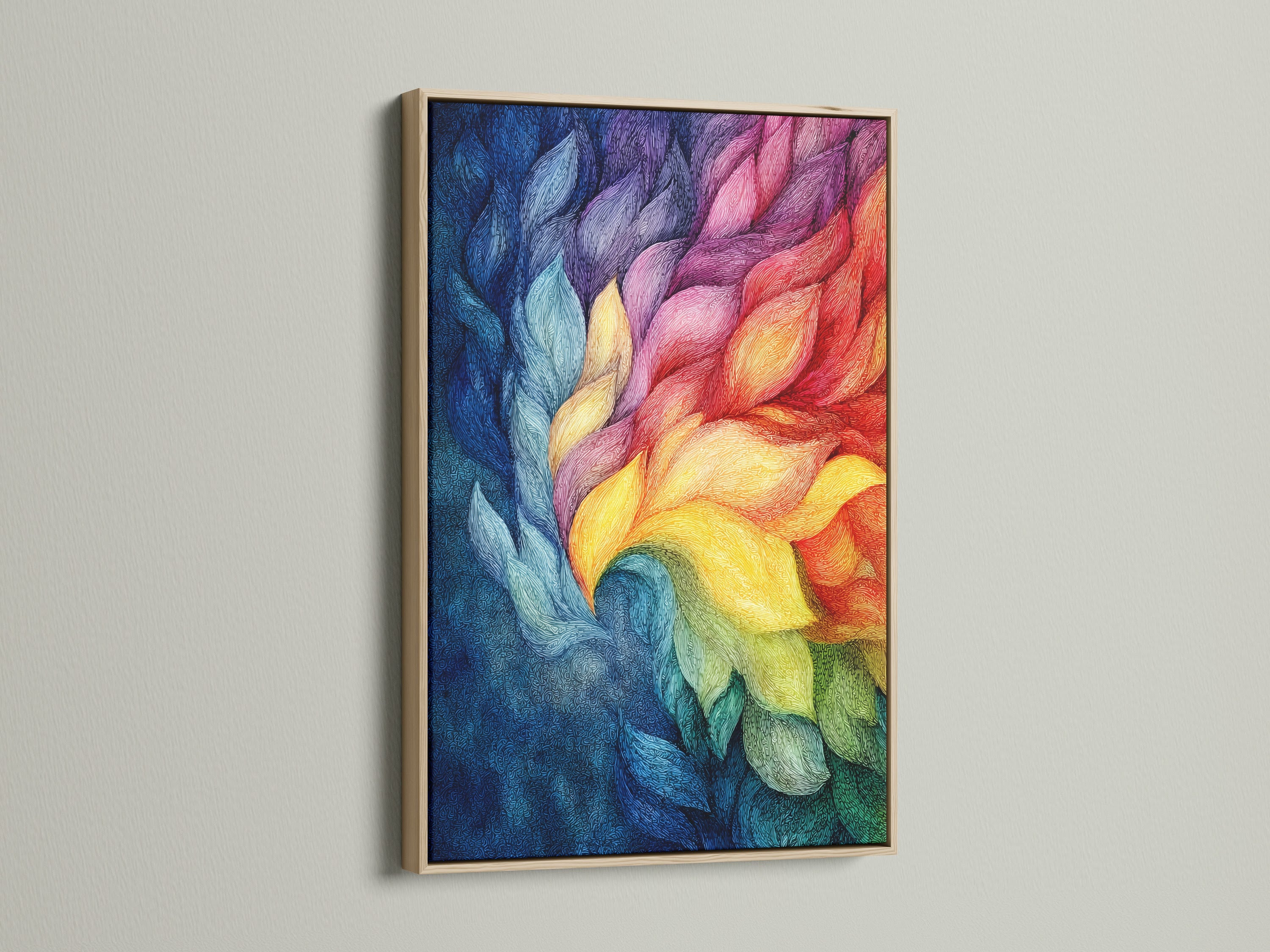 This is an oak framed art print. The artwork features vibrant colors. The oak frame adds warmth. It enhances the overall aesthetic. Discover the beauty of framed art. Perfect for any room. Add a touch of elegance to your space.