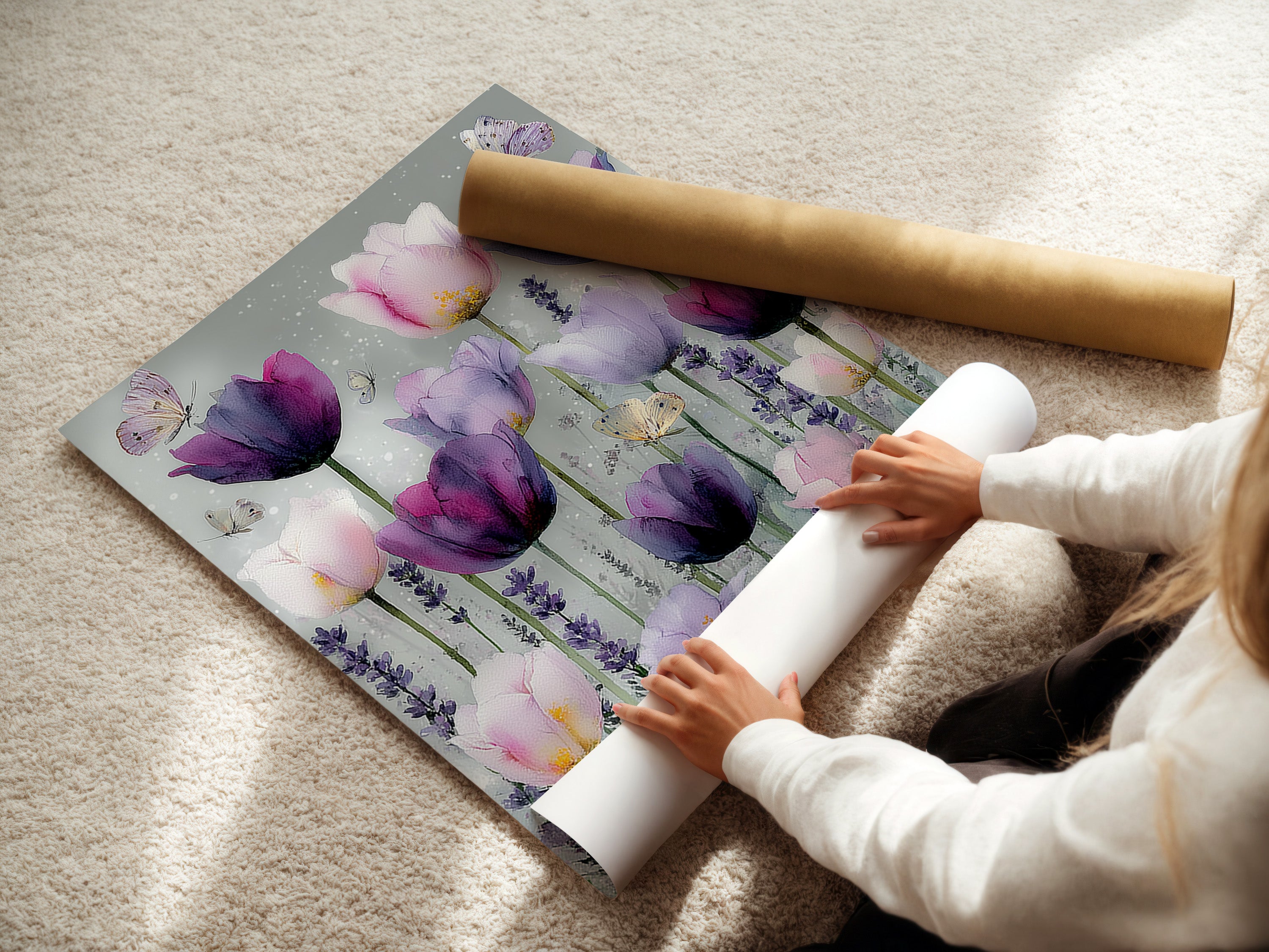 A woman is carefully rolling a fine art poster paper. The poster paper is smooth and high-quality ready for framing. The woman's hands ensure the paper remains pristine. This demonstrates the care taken in preparing fine art prints. The rolled poster is ready to be shipped or displayed.