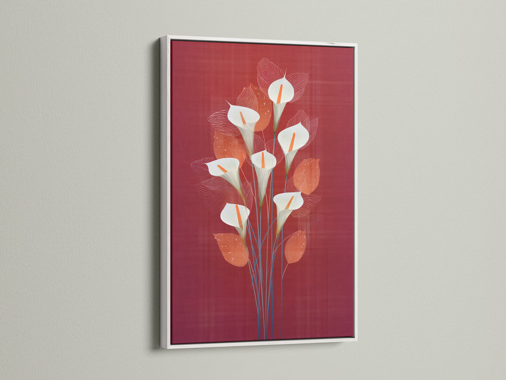 The calla lily artwork is showcased in a white frame. The white frame offers a clean modern look. It enhances the burgundy decor of this floral artwork. Ideal for creating a serene bedroom wall art display.