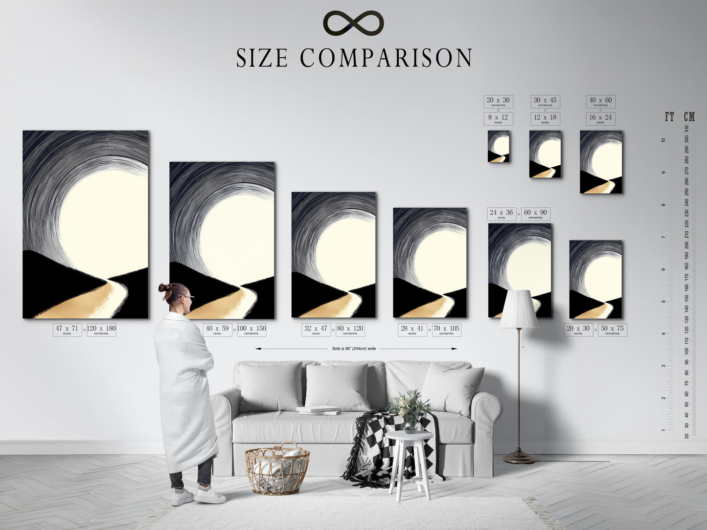 A size comparison chart is displayed in an interior setting. It demonstrates how the minimalist artwork looks in different sizes. The artwork features an abstract landscape. The colors are beige black and white. Visualize the perfect fit for your space.