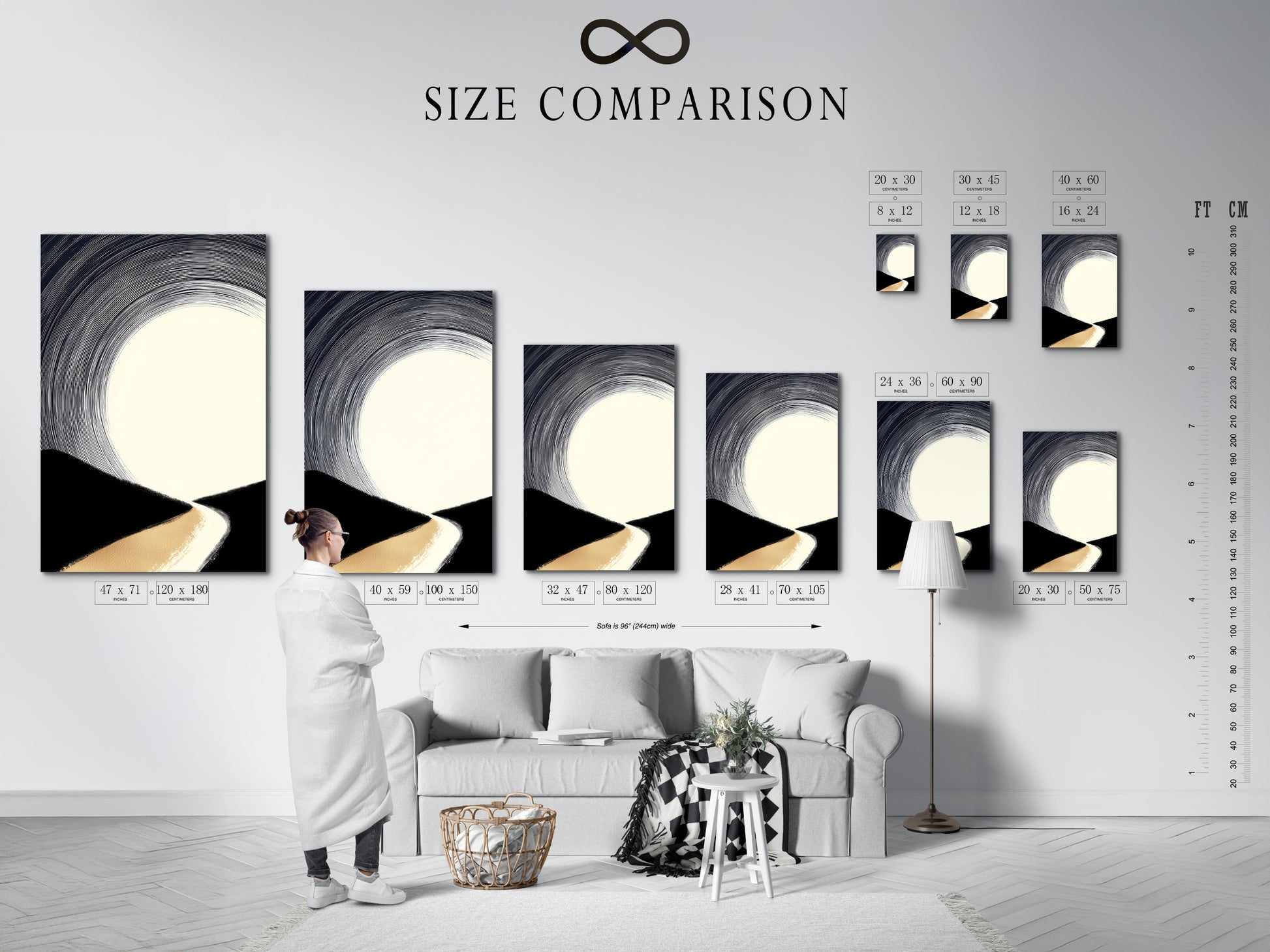 A size comparison chart is displayed in an interior setting. It demonstrates how the minimalist artwork looks in different sizes. The artwork features an abstract landscape. The colors are beige black and white. Visualize the perfect fit for your space.