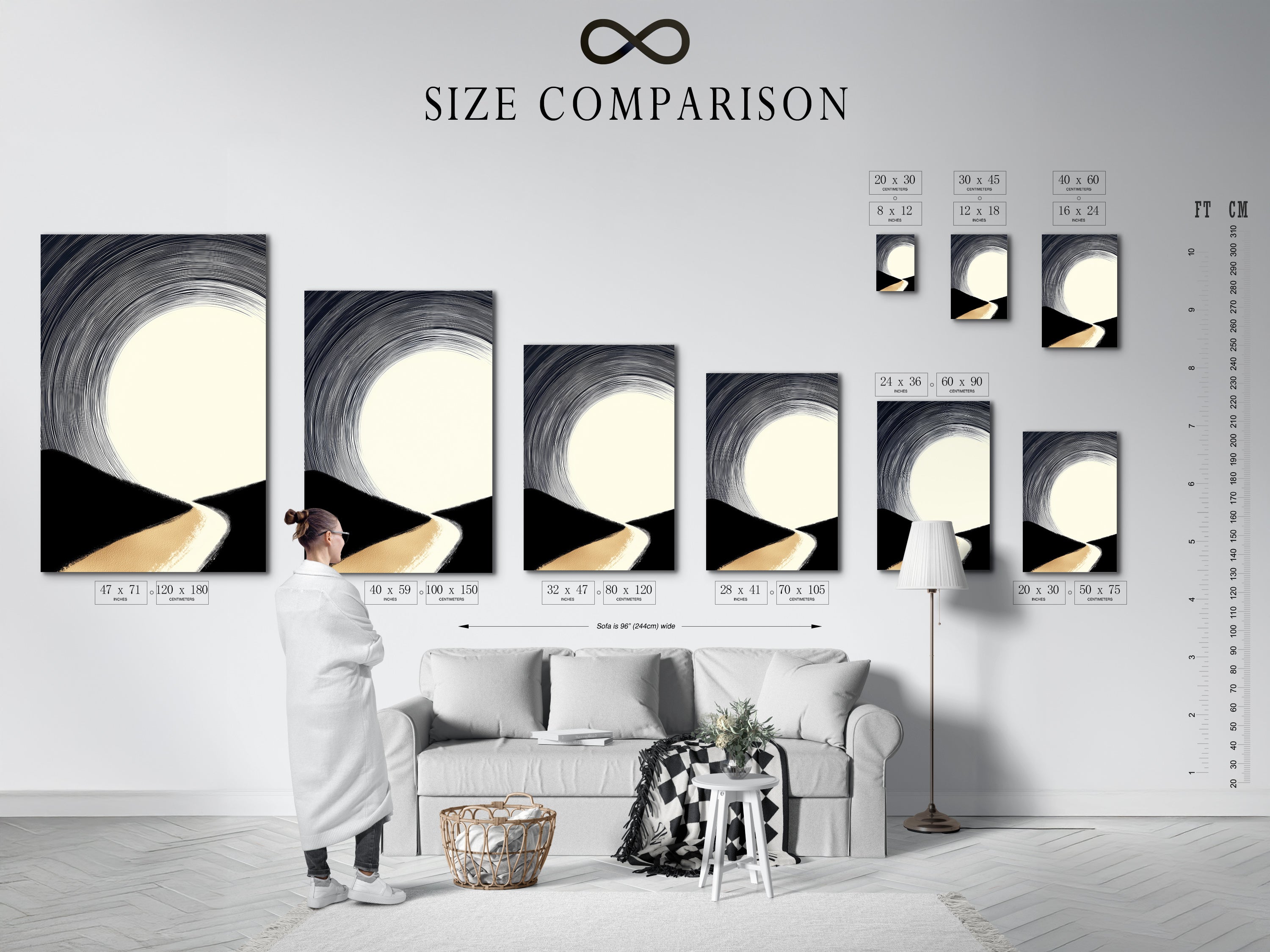 A size comparison chart is displayed in an interior setting. It demonstrates how the minimalist artwork looks in different sizes. The artwork features an abstract landscape. The colors are beige black and white. Visualize the perfect fit for your space.
