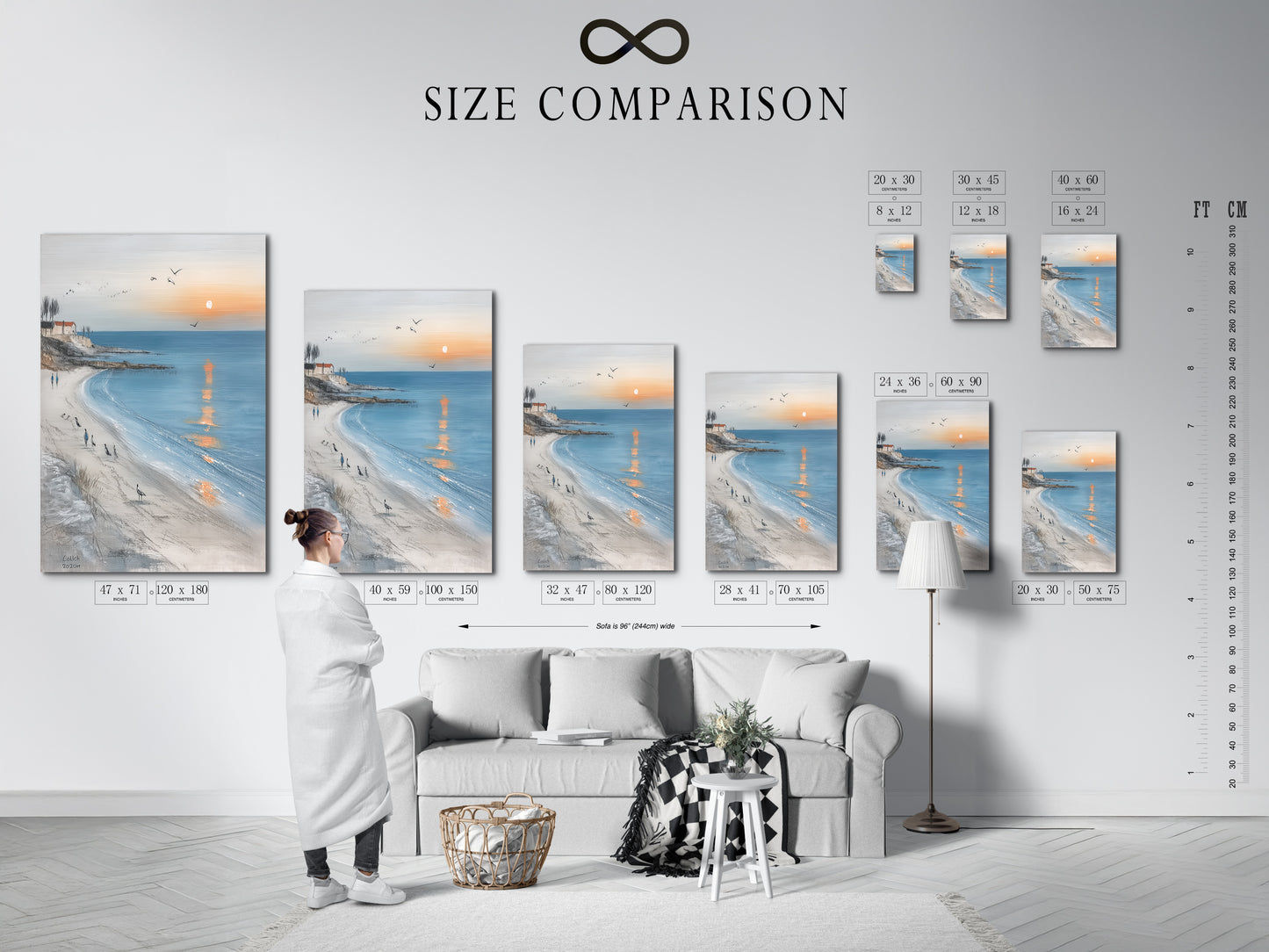 A size comparison chart displayed in an interior setting. It shows various sizes of coastal wall art. Helps visualize the perfect beach canvas art size. Choose the right ocean sunset print for your space. See how the seaside landscape artwork fits.