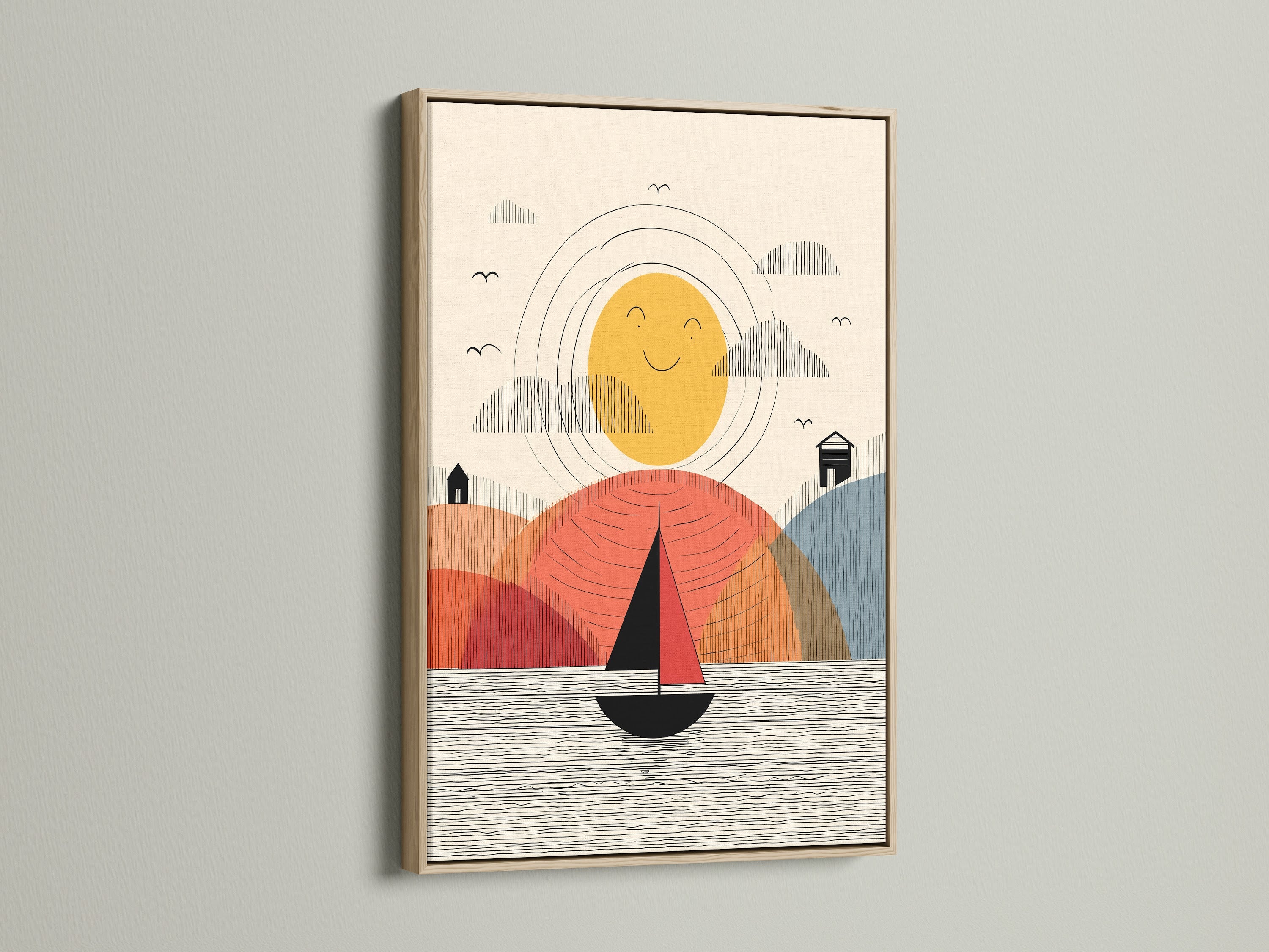 Sailboat Coastal Canvas in Oak Frame. The abstract sailboat artwork is perfect for Scandinavian or coastal styles. The oak frame enhances the modern artwork. Ideal for living rooms bedrooms and offices.