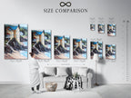 Size comparison chart for coastal artwork in an interior setting. Visualize the perfect fit for your nautical wall art. See how different sizes enhance your beach house decor. This chart helps you choose the ideal lake house art. Find the perfect scale for your coastal style artwork.
