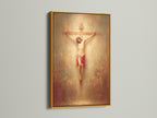 Artwork of Jesus Christ on the cross is beautifully displayed within a gold frame. This frame option showcases the art piece elegantly. A gold frame brings a touch of luxury and elegance. Perfect for adding a regal flair to your artwork. This frame enhances the artwork's richness and visual appeal.