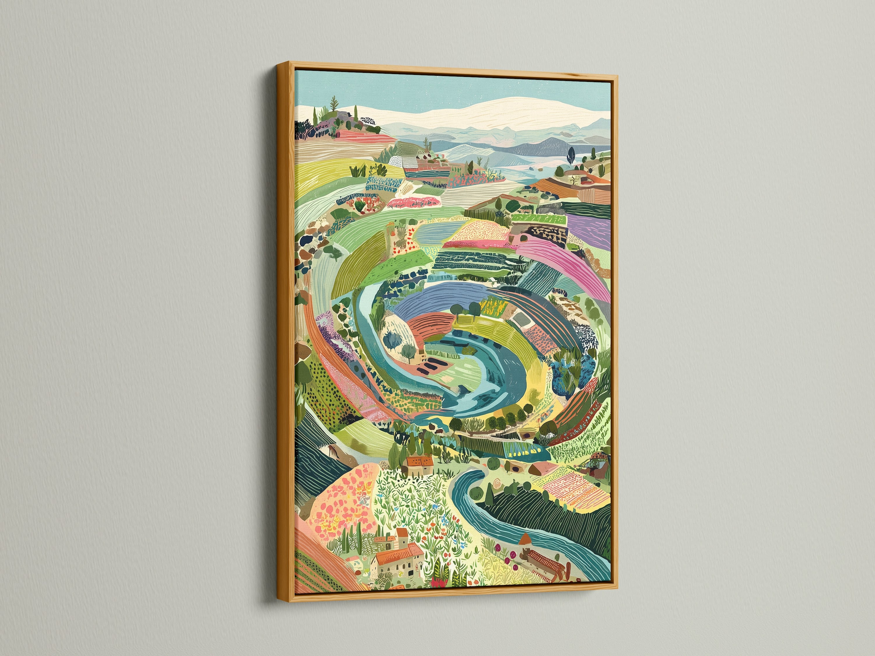 Italian Landscape artwork with a gold frame. This Tuscan countryside canvas radiates luxury. The colorful farmhouse artwork brightens any space. Explore rustic scenic italy wall art for an elegant decor.