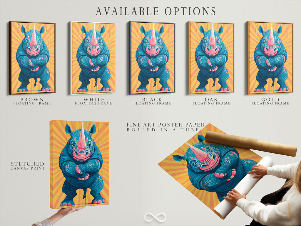 Explore available options for the rhino artwork. Choose between a stretched canvas print a fine art poster or a floating frame. Each option offers a unique way to display this modern artwork. Personalize your safari print today.