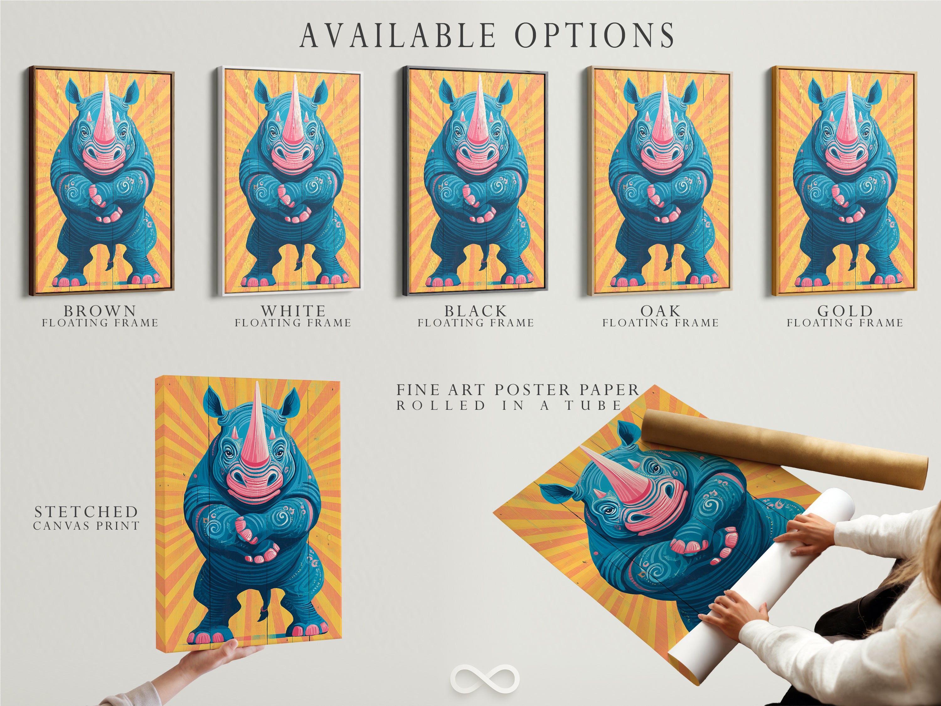 Explore available options for the rhino artwork. Choose between a stretched canvas print a fine art poster or a floating frame. Each option offers a unique way to display this modern artwork. Personalize your safari print today.