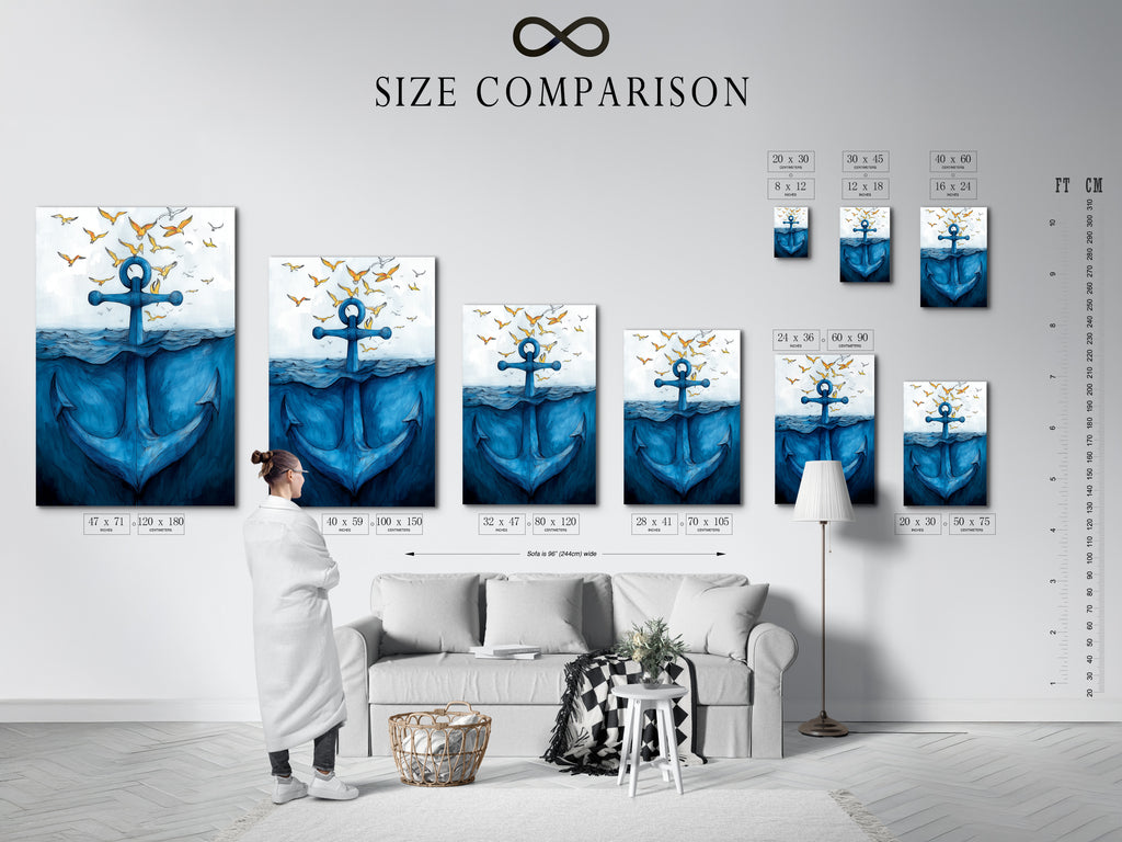 A size comparison chart displayed in an interior setting. Featuring the anchor canvas print. This chart helps visualize the perfect fit for your space. Choose the ideal size for your coastal wall art. Perfect for planning your nautical artwork display.