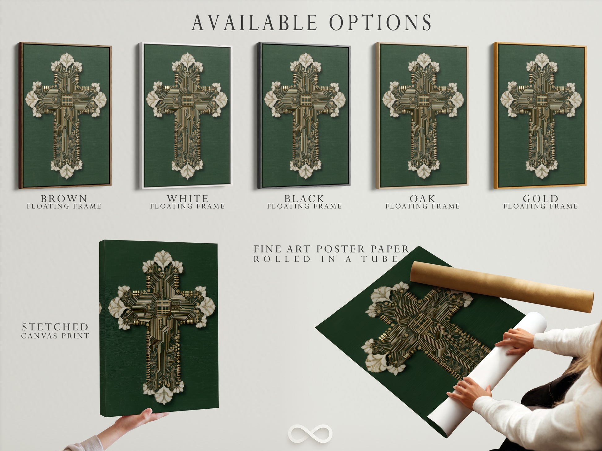 Explore available options for the Circuit Board Cross Art. Choose from stretched canvas print fine art poster paper or floating frame. Customize your tech religious art to fit your style. Perfect for tech enthusiasts and religious art collectors.