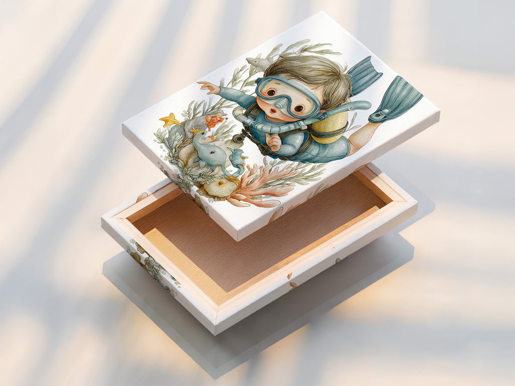 This is a stretched canvas print of the scuba diving kids art. The canvas texture enhances the underwater scene. It is ready to hang. The stretched canvas provides a gallery-quality look. Perfect for adding a splash of ocean-themed charm to any wall.