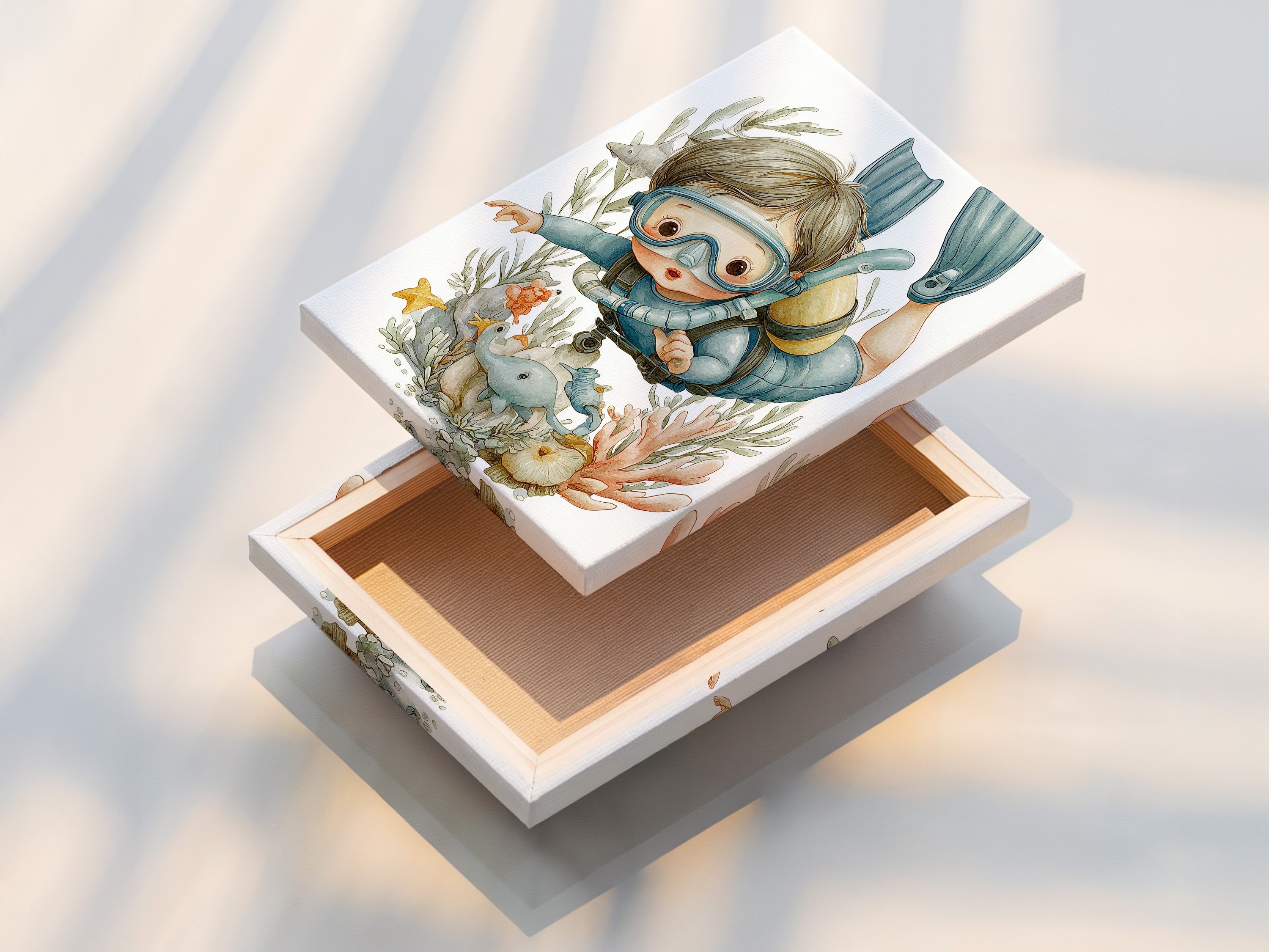 This is a stretched canvas print of the scuba diving kids art. The canvas texture enhances the underwater scene. It is ready to hang. The stretched canvas provides a gallery-quality look. Perfect for adding a splash of ocean-themed charm to any wall.