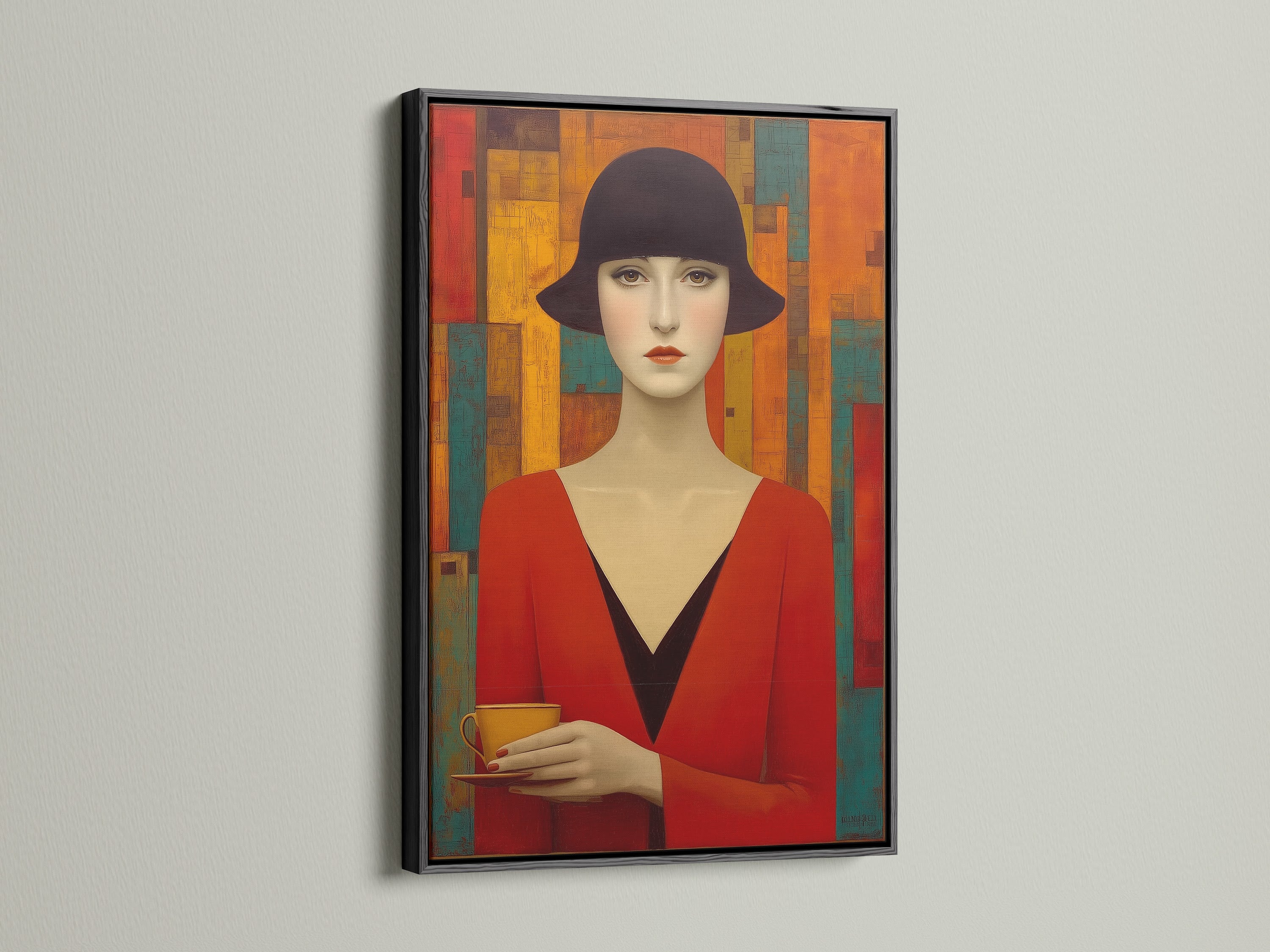 An elegant art deco woman portrait is presented. The vintage artwork features a woman in a red dress and hat. The artwork is framed in a sleek black frame. This retro fashion art print is a sophisticated addition to any room.