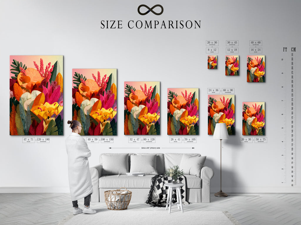 A size comparison chart is displayed in an interior setting. The chart showcases various sizes for art prints and canvas. This chart helps customers visualize how each size would look in their space. Helping to make informed decisions about their art purchases. Art is great.