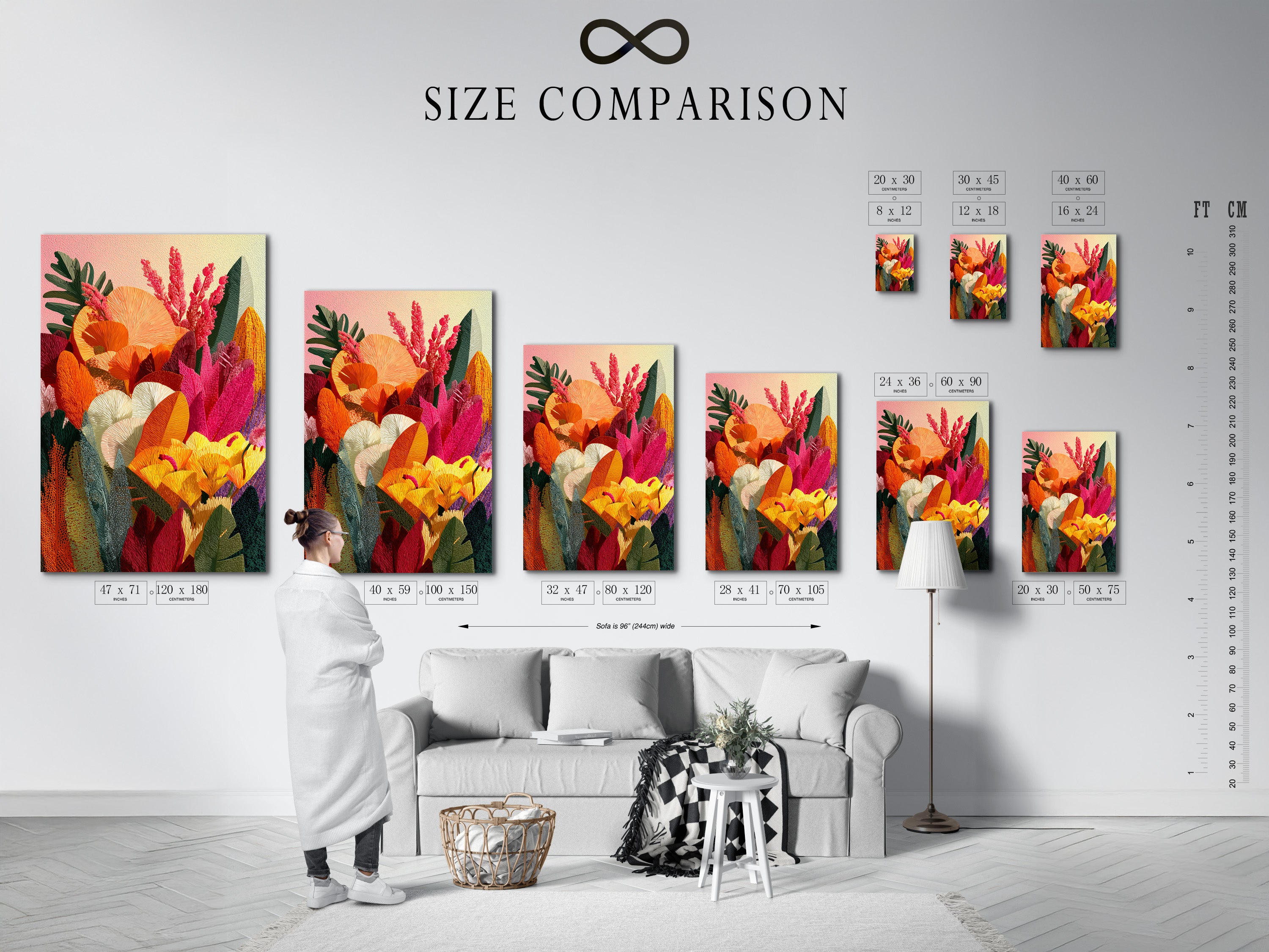 A size comparison chart is displayed in an interior setting. The chart showcases various sizes for art prints and canvas. This chart helps customers visualize how each size would look in their space. Helping to make informed decisions about their art purchases. Art is great.