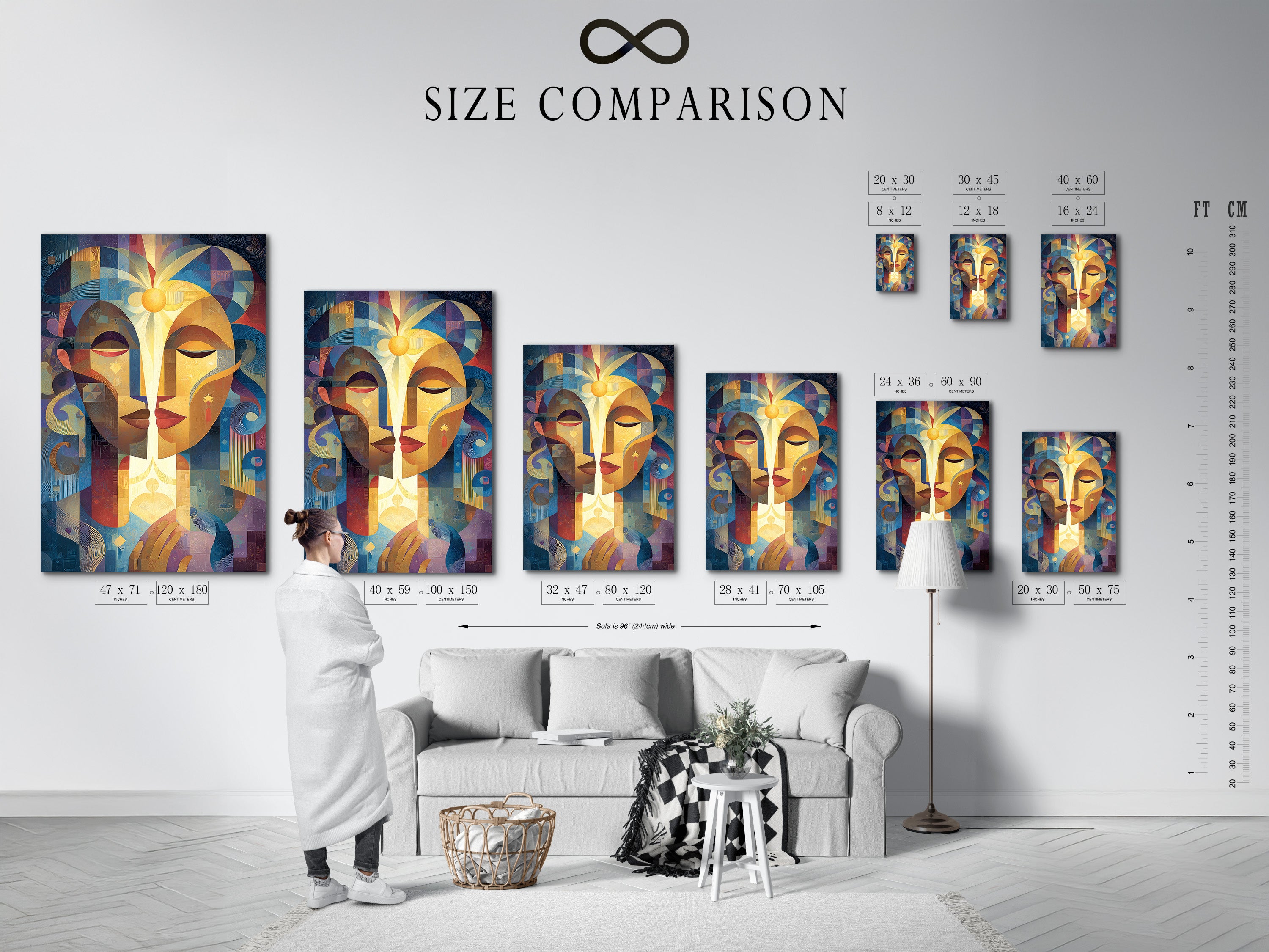Compare sizes with our chart in an interior setting. Visualize how art will look in your home. Choose the perfect size for your space. Our size comparison chart makes it easy. Find your ideal art piece today.