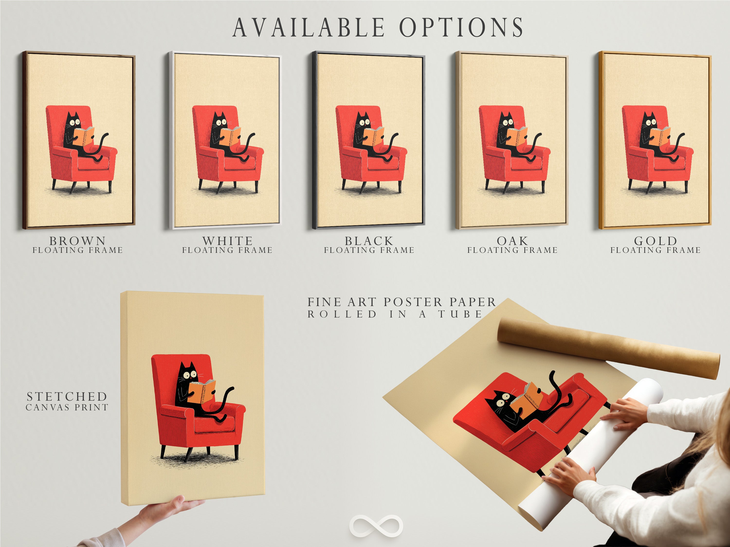 Available art print options include a stretched canvas print. Fine art poster paper and a floating frame are also displayed. Customize your artwork to suit your taste. Select the perfect option for your home.