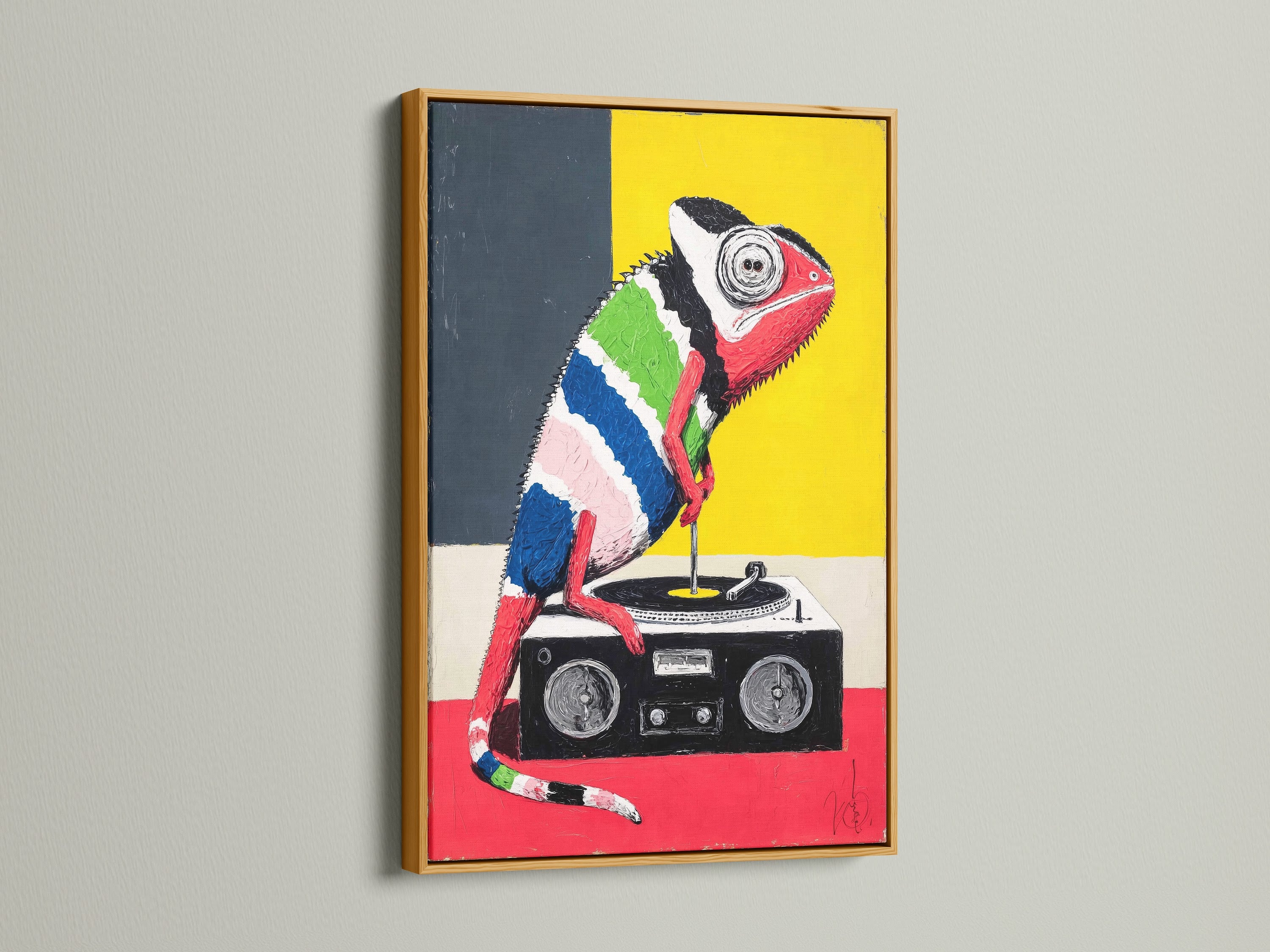 The colorful chameleon art print is elegantly framed in gold. This unique artwork makes a statement. It's perfect for retro pop art enthusiasts. Brighten your walls today