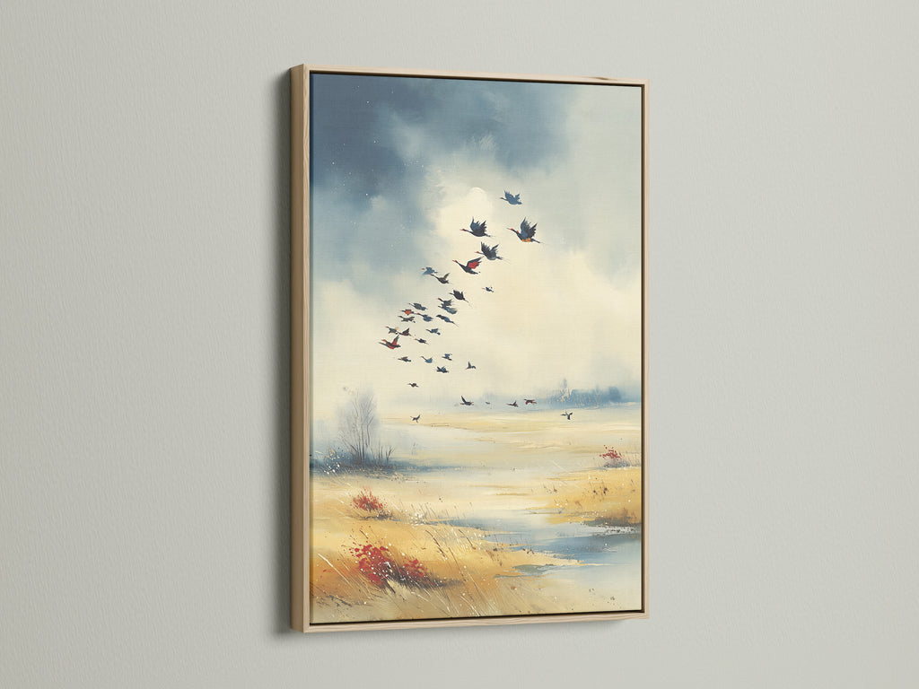 Birds in Flight canvas artwork with an oak frame. This rustic nature print enhances your living space. The oak frame complements the autumn colors beautifully. Perfect for homeowners seeking elevated country wall decor. This landscape art is ideal for farmhouse and lodge styles.