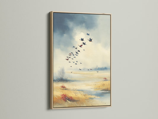 Birds in Flight canvas artwork with an oak frame. This rustic nature print enhances your living space. The oak frame complements the autumn colors beautifully. Perfect for homeowners seeking elevated country wall decor. This landscape art is ideal for farmhouse and lodge styles.