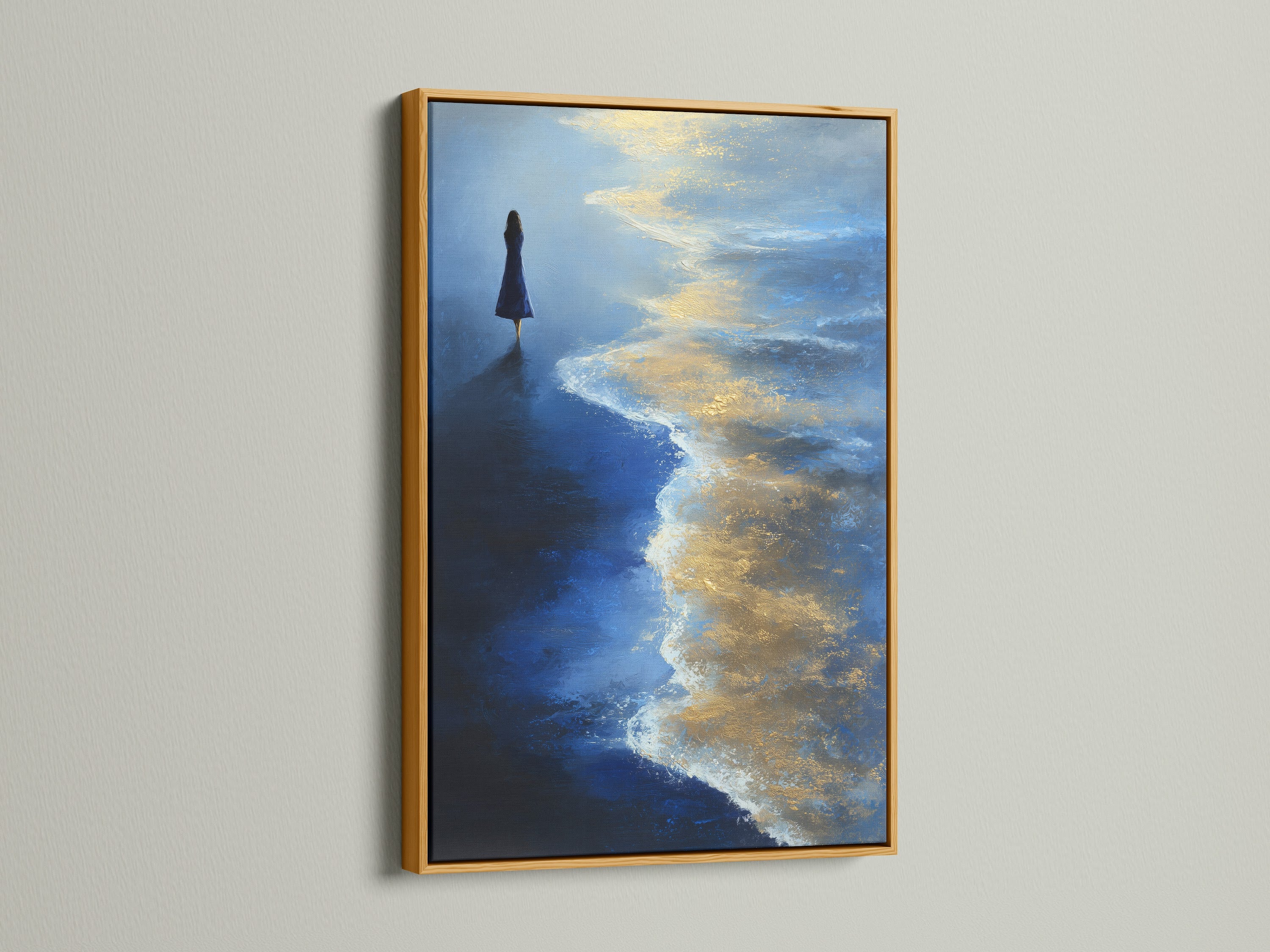 Ocean Solitude artwork with a gold frame. The blue and gold seascape creates a luxurious feel. This ocean painting is perfect for coastal-themed rooms. A great choice for office wall art or home decor.