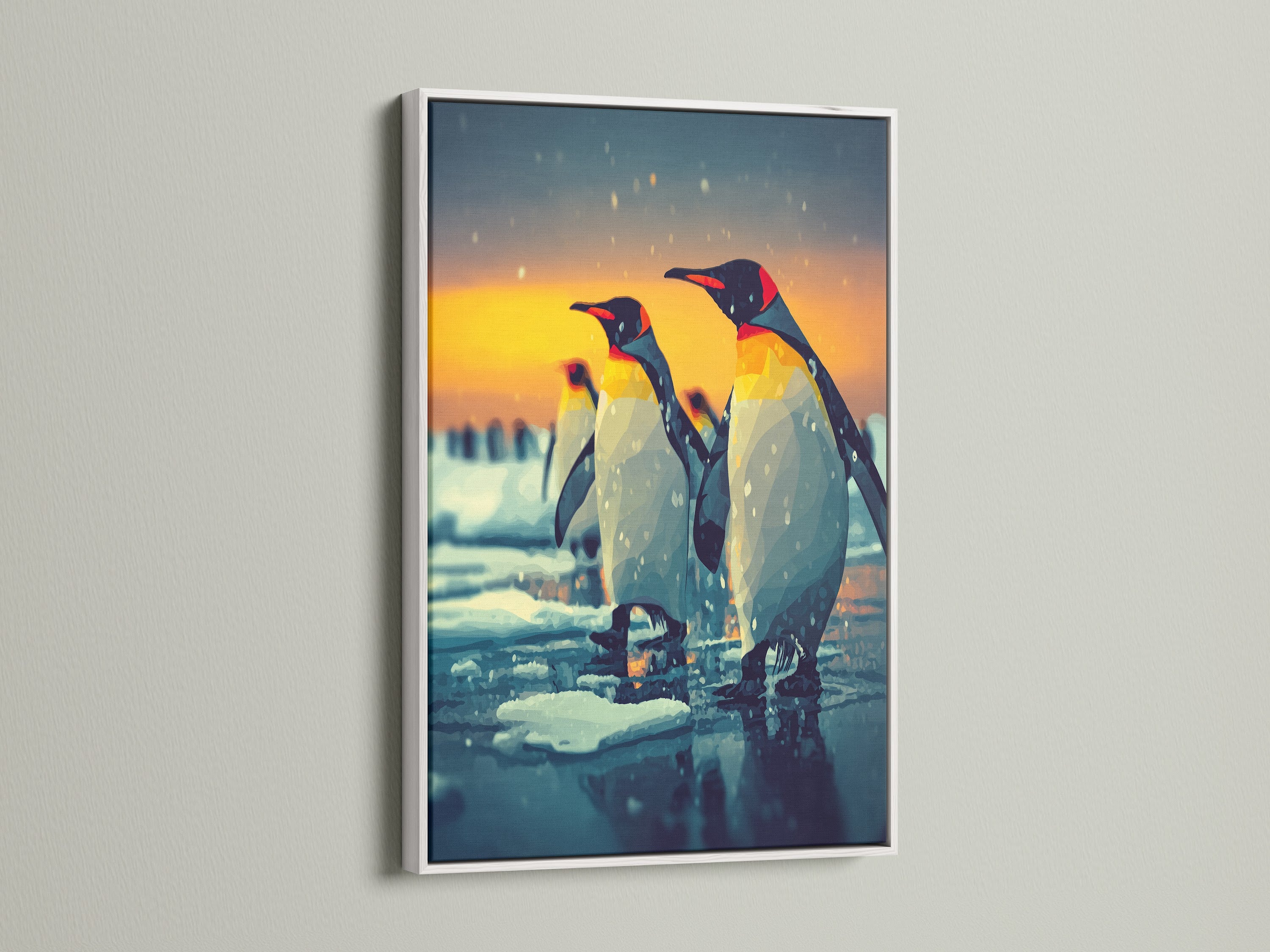 Penguin canvas art in a white frame. The art brings a clean modern look to your decor. This wildlife canvas is a perfect addition to minimalist and Scandinavian styles. It enhances kids' rooms.