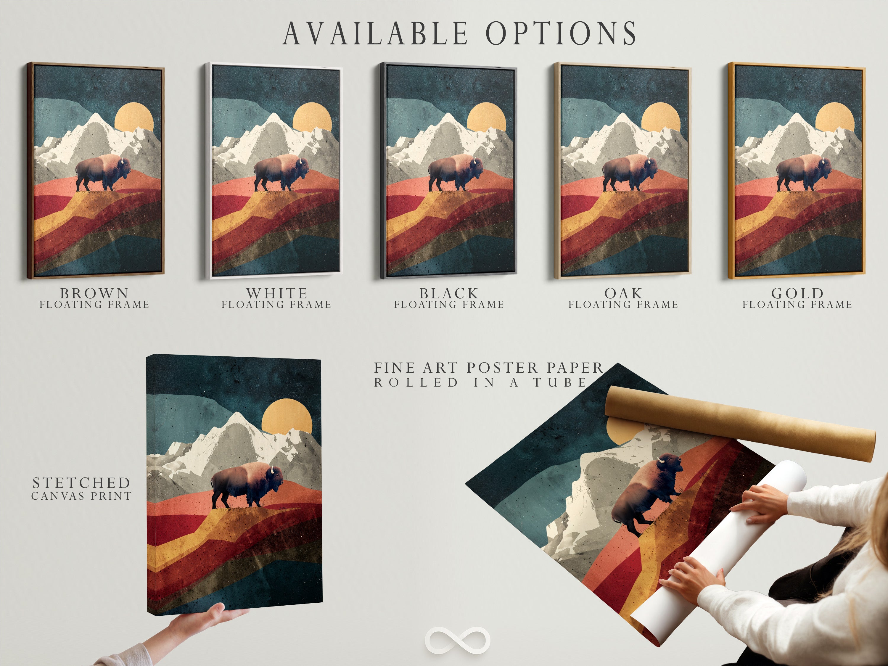Explore available options for our artwork. Choose from stretched canvas prints. Fine art poster paper or the elegant floating frame. Find the perfect format to match your style and decor. Each option enhances the artwork. Creating a unique display.