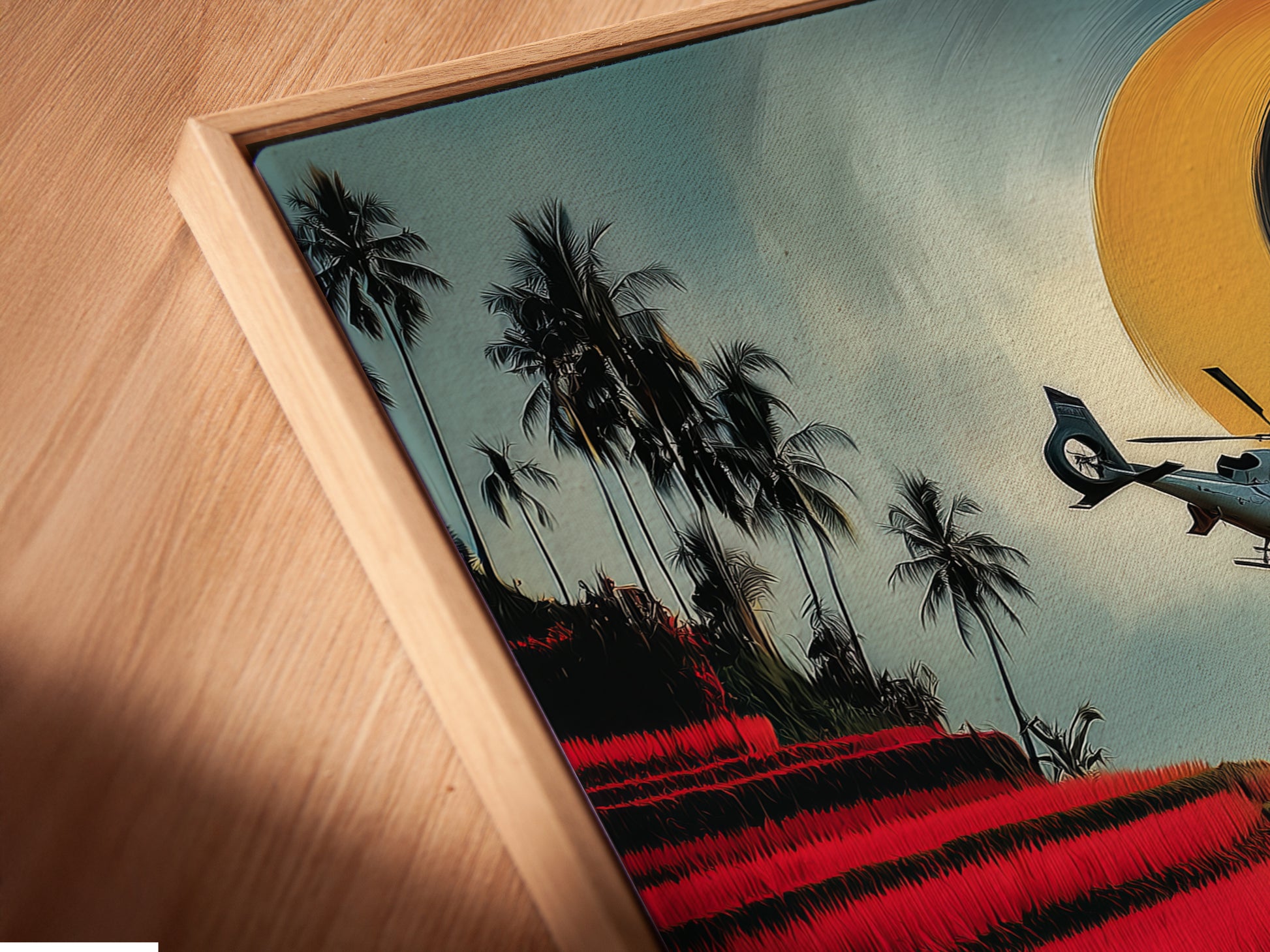Close-up of a Helicopter Over Rice Terraces canvas print in a floating frame. The floating frame gives the artwork a modern and sophisticated look. The teal and red landscape is perfect for any room. This is the ideal travel photography for art lovers