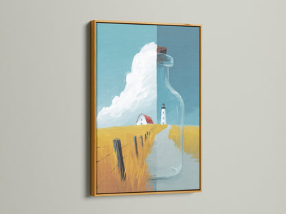 Coastal Lighthouse Canvas Artwork with a gold frame. This nautical landscape print features a serene ocean view. The gold frame adds a luxurious touch to this beautiful artwork. Perfect for adding warmth to your space.