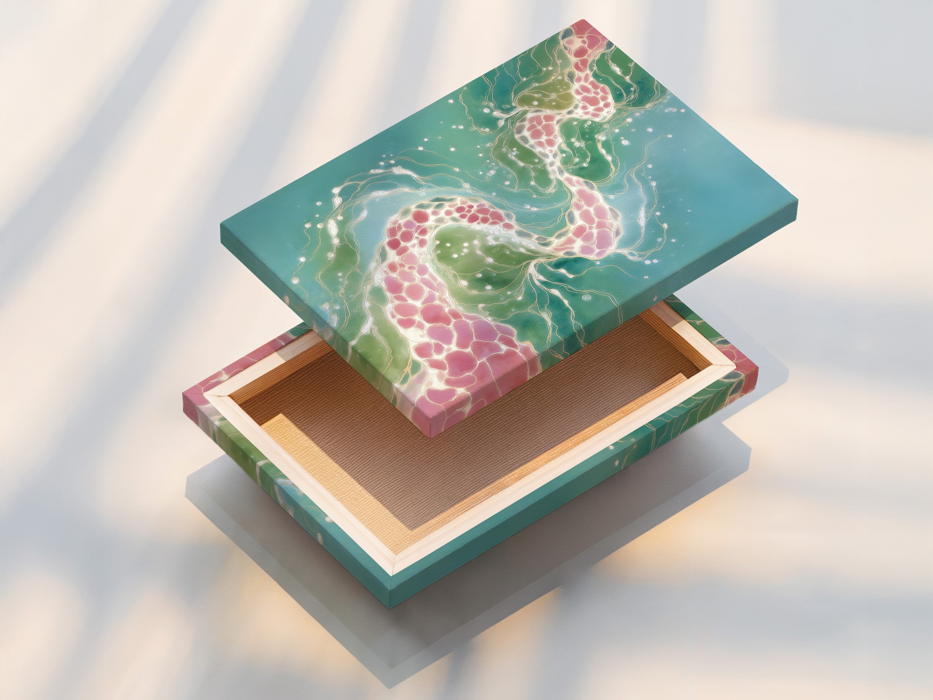 A stretched canvas print of abstract fluid art. Teal and pink colors blend in a modern organic flow. This canvas artwork is ready to hang. Perfect for contemporary living room or bedroom decor.