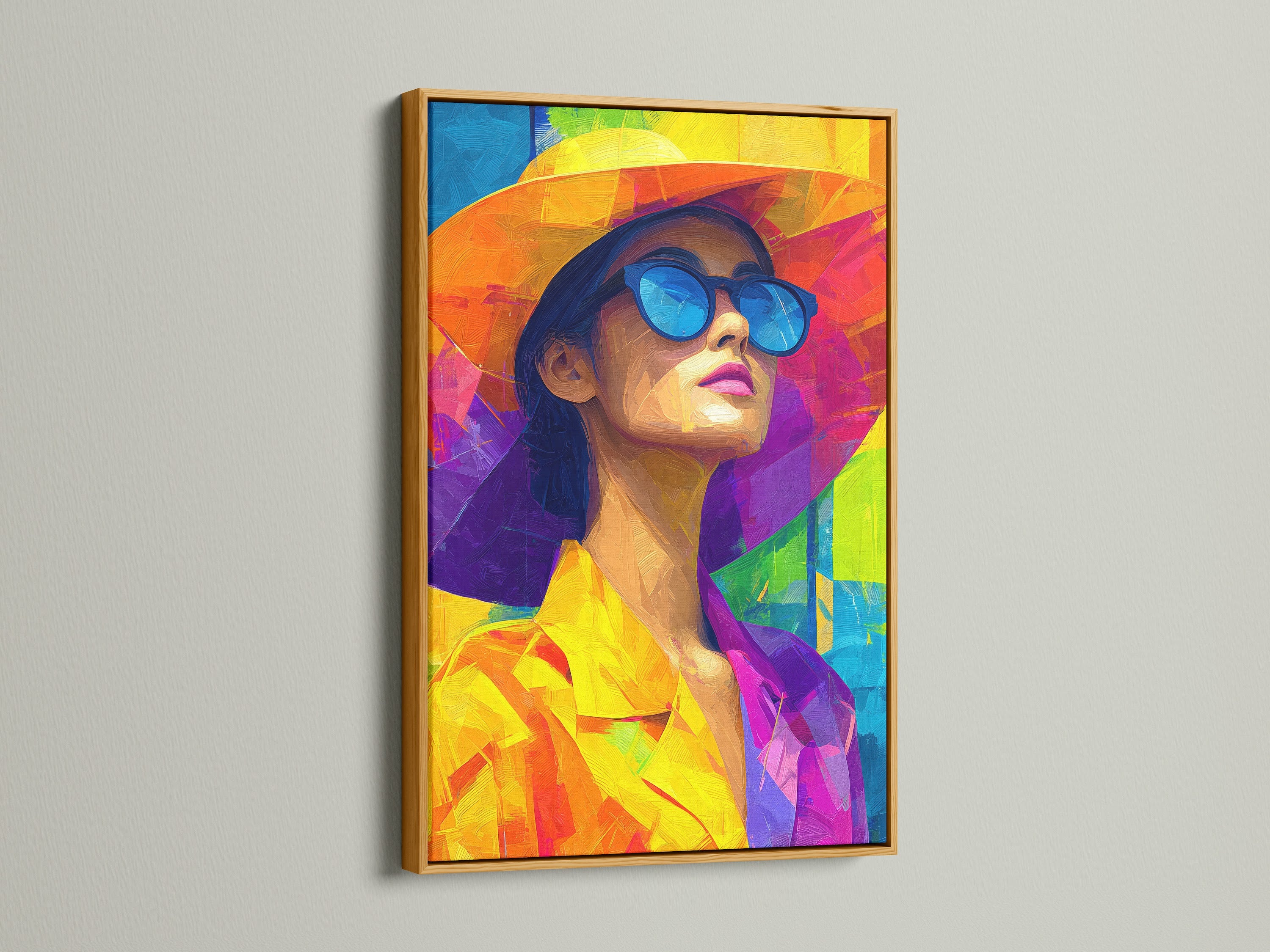 Artwork is beautifully framed in a gold frame. The metallic gold adds a touch of luxury. This enhances the visual appeal. The art features a woman with sunglasses and a hat. The gold frame complements the artwork’s vibrant palette. It creates a sophisticated and eye-catching display.
