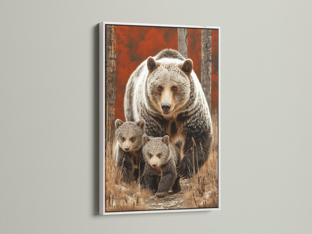 Grizzly Bear and cubs artwork in a white frame. A serene wildlife canvas art piece for nursery decor. Its neutral tone complements any interior. A charming addition to children's rooms and lodges.