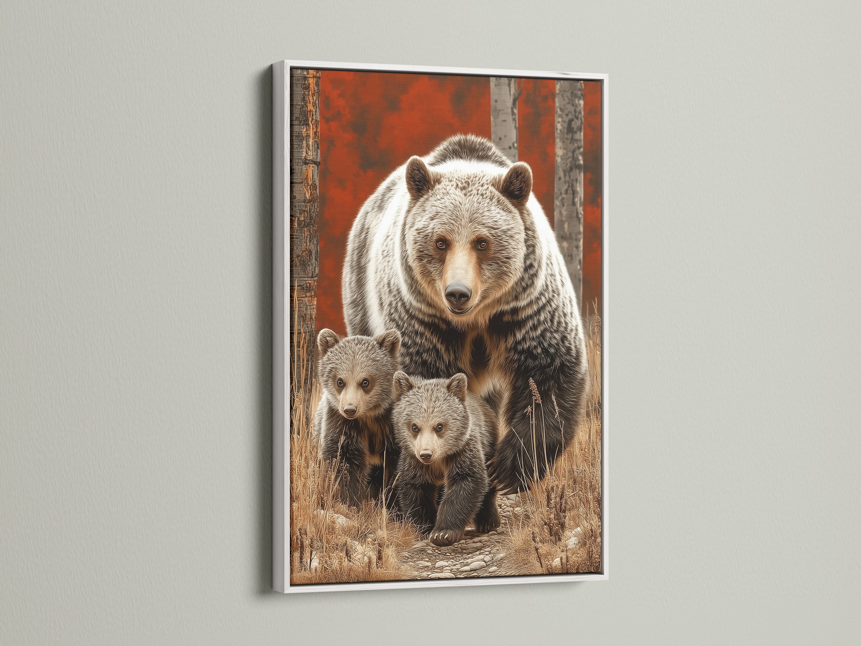 Grizzly Bear and cubs artwork in a white frame. A serene wildlife canvas art piece for nursery decor. Its neutral tone complements any interior. A charming addition to children's rooms and lodges.