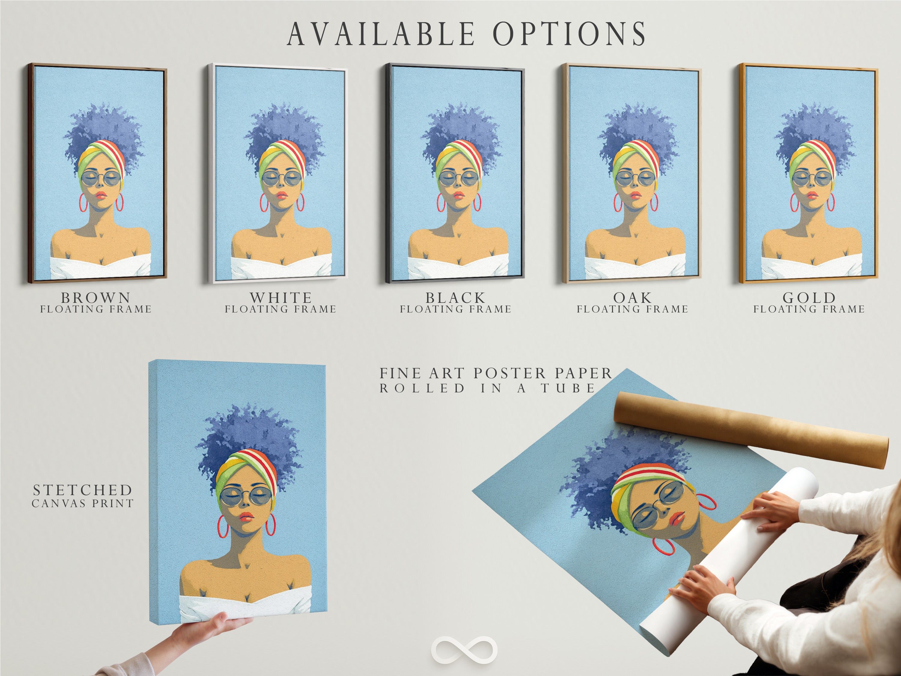 Available options are showcased: stretched canvas print fine art poster paper and floating frame. Customize your Afro Woman Portrait to match your style and decor preferences for any room.