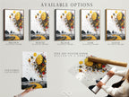 Available artwork options are showcased. Choose from stretched canvas prints fine art poster paper or floating frames. Find the perfect medium for your surreal time artwork. Customize your abstract clock art. Create a unique look for your golden landscape poster.