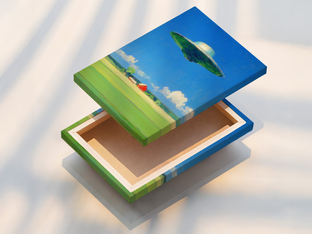 This is a stretched canvas print of the UFO artwork. The artwork is ready to hang and enjoy. The stretched canvas provides a gallery-quality finish. Perfect for sci fi canvas art enthusiasts. This retro space art will transform any room.