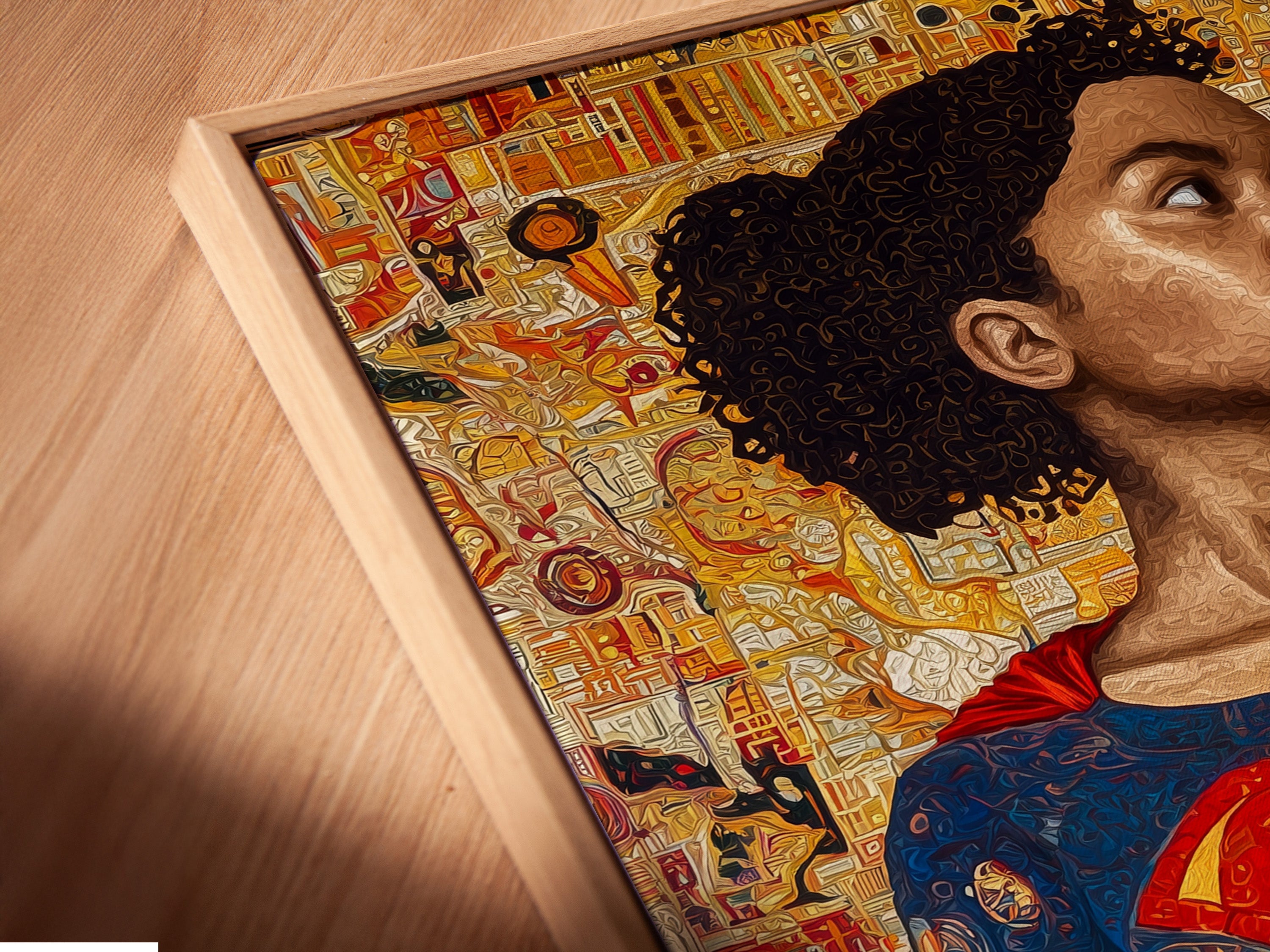 Close-up angled view of a canvas print in a floating frame. The floating frame gives the artwork a unique suspended look. This adds depth and dimension. A modern and stylish way to display canvas prints. Experience the beauty of floating frames. It elevates your artwork.