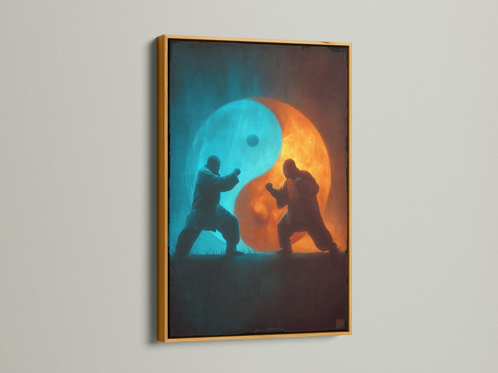 Artwork featuring a yin and yang symbol with two figures practicing martial arts. The art is displayed in a gold frame. Add a touch of elegance and sophistication to your artwork. Browse gold frame options.