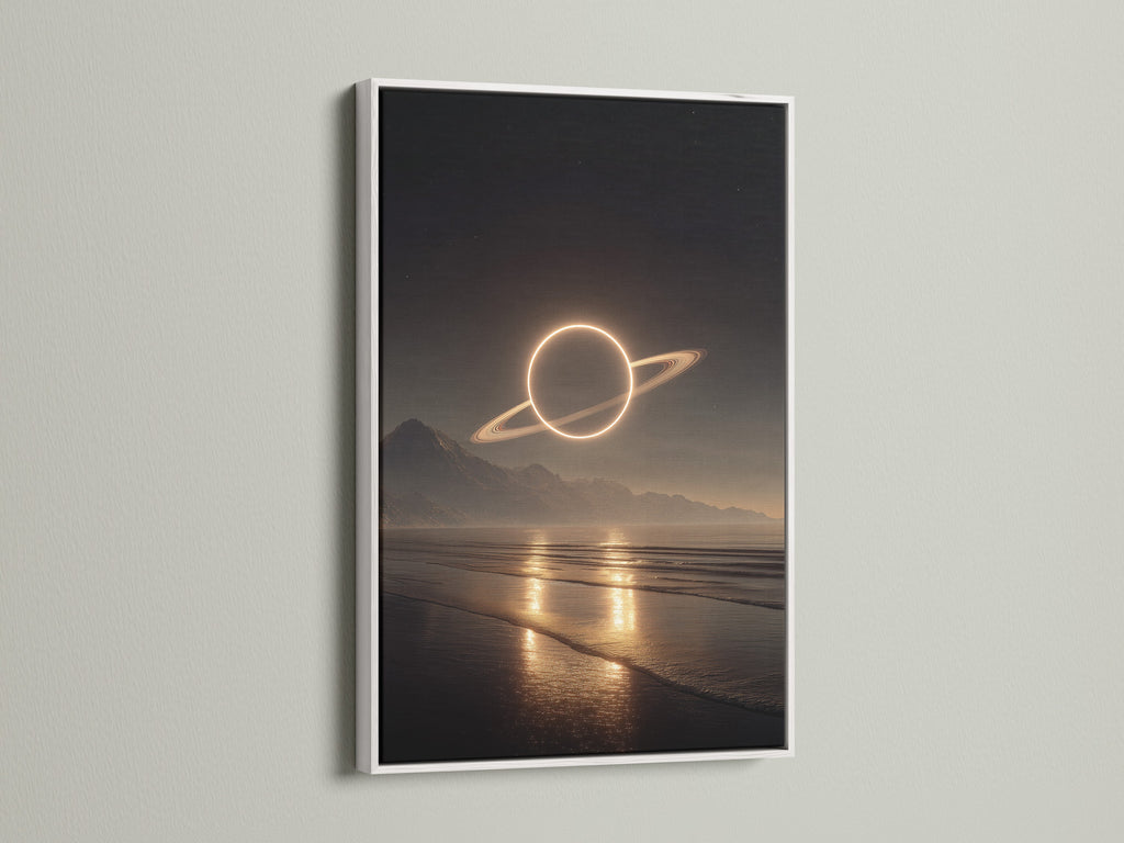 This artwork is presented in a clean white frame. The art features a planet over a serene beach at night. The white frame provides a modern and fresh look. It allows the artwork to stand out. Perfect for minimalist interiors.