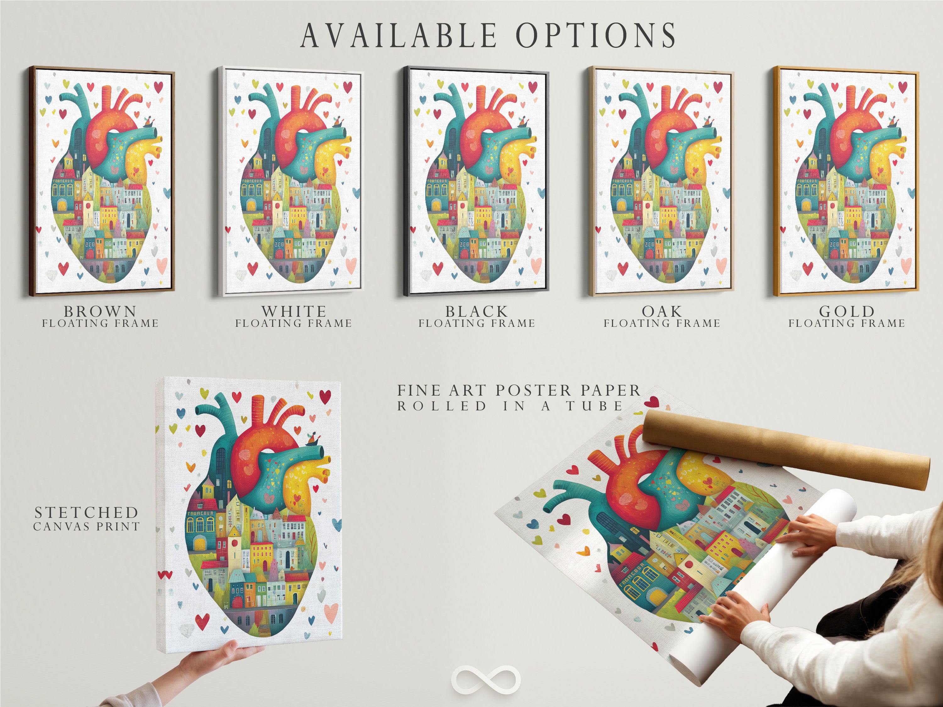 Available options are showcased: stretched canvas print fine art poster paper and floating frame. The anatomical heart artwork features colorful city houses. Select your preferred format for this medical art. Perfect for adding a unique contemporary piece to your decor.