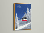 A gold frame adds elegance to this ski lift art print. The winter mountain wall art showcases an alpine cable car. The snowy landscape and cabin decor make it ideal for lodge-style spaces. The gold frame enhances the artwork's warm tones. It brings a touch of sophistication to any room.