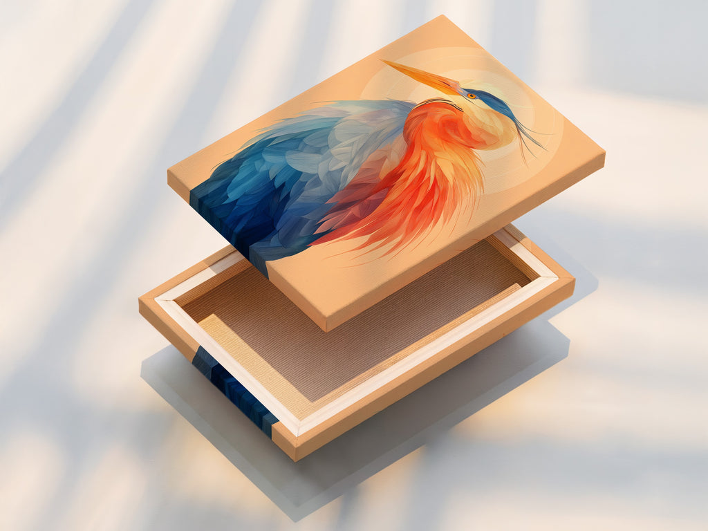 Stretched canvas print featuring the heron artwork. The coastal wall art is ready to hang. This bird canvas print adds a modern touch to any space. The blue and orange avian artwork brings nature indoors. Perfect for creating a focal point in your home or office. The stretched canvas provides a gallery worthy look.