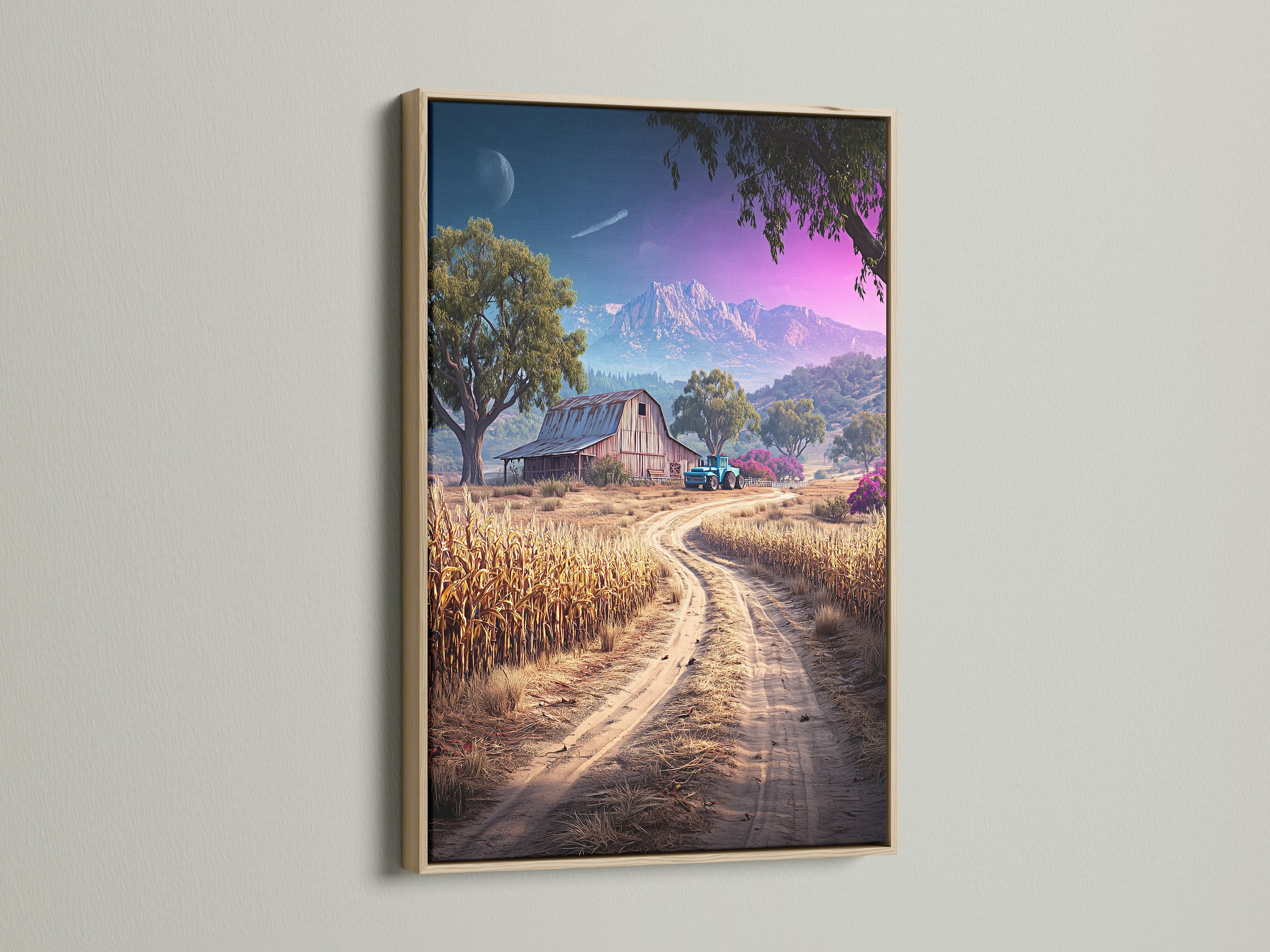 Farm Landscape artwork displayed in an oak frame. The artwork features a rustic barn and a winding dirt road. The countryside decor is ideal for a farmhouse-style home. This barn canvas print adds a vintage touch to any room. This rural landscape art is perfect for dining rooms or living rooms.