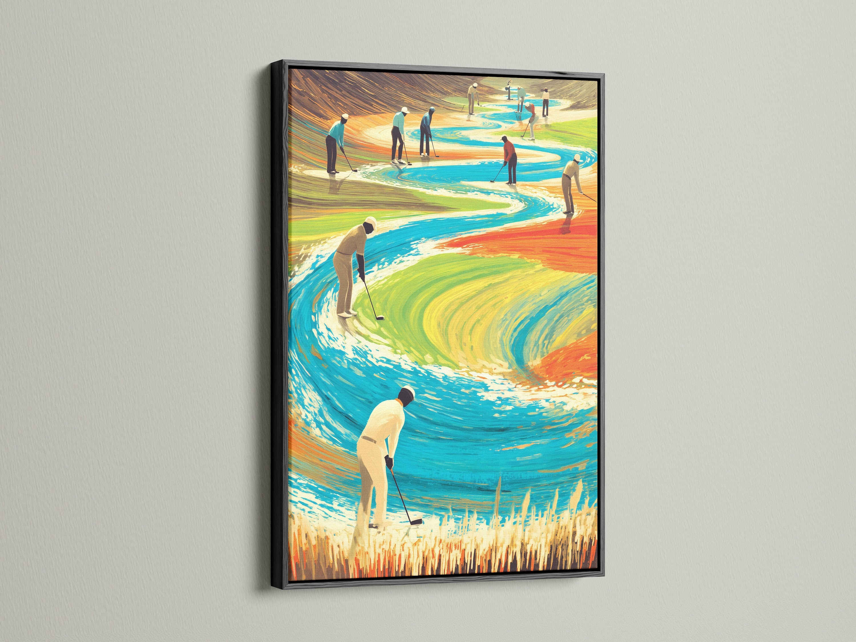 Golf course painting in a black frame. This sports wall decor makes a bold statement. The golf course print adds a dramatic touch. Great for man caves and game rooms. Add a touch of elegance with a black frame