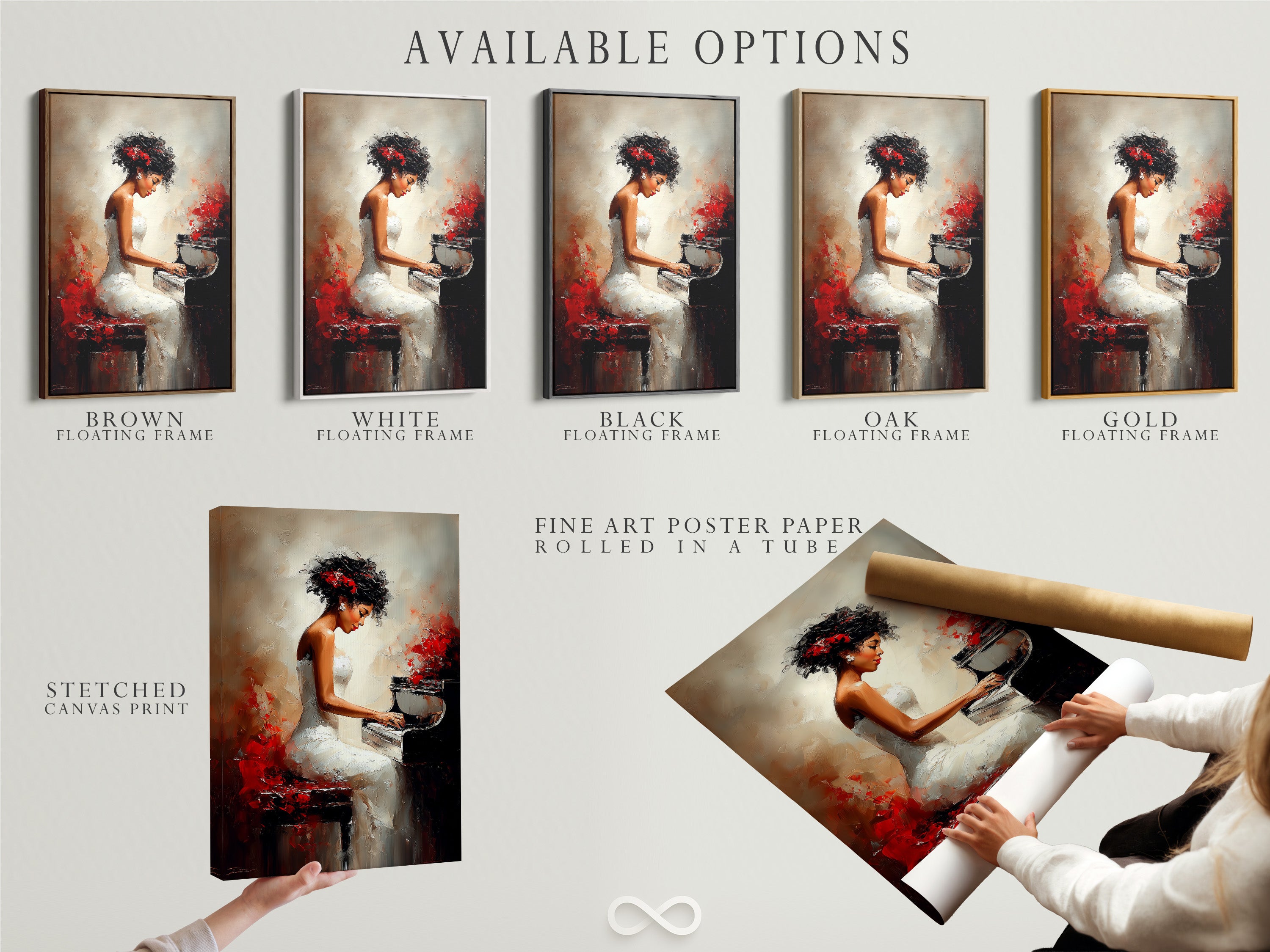 Available options include stretched canvas print fine art poster paper and floating frame. Choose the perfect medium for your artwork. Stretched canvas offers a gallery-wrapped look. Fine art poster paper ensures vibrant colors. Floating frame adds a modern touch. Select the option that suits your style.